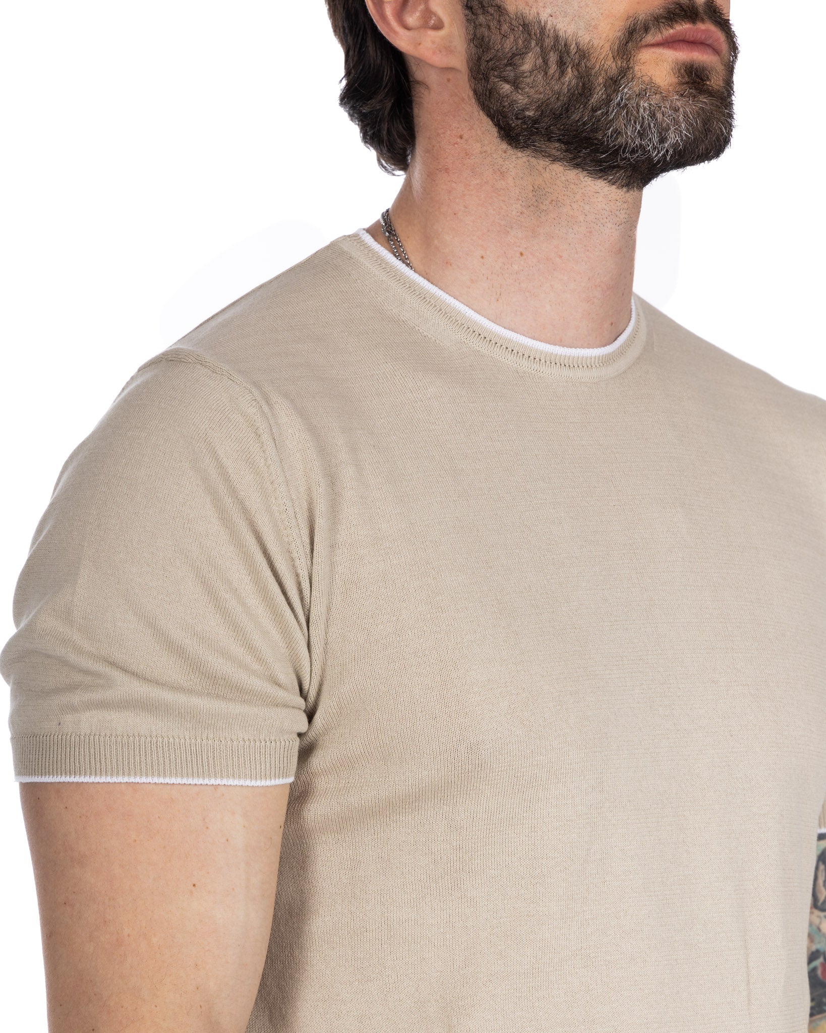 Holger - t-shirt en maille beige avec contraste