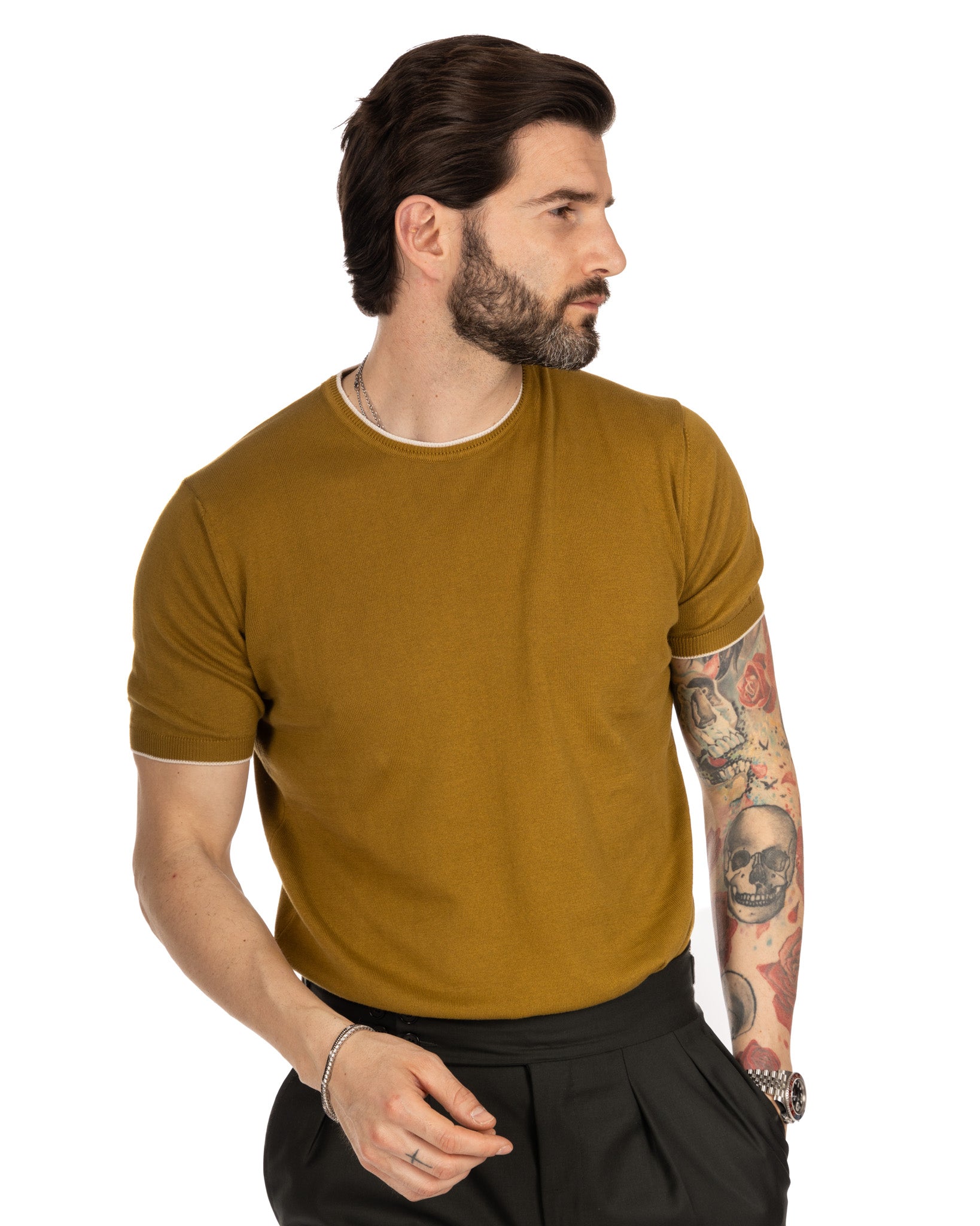 Holger - camel knitted t-shirt with contrast