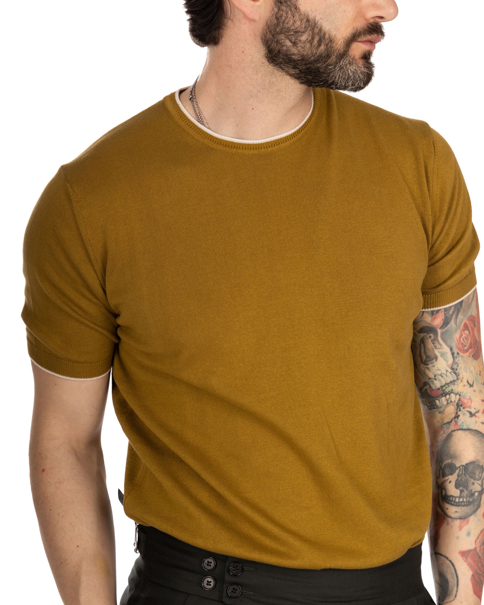 Holger - camel knitted t-shirt with contrast