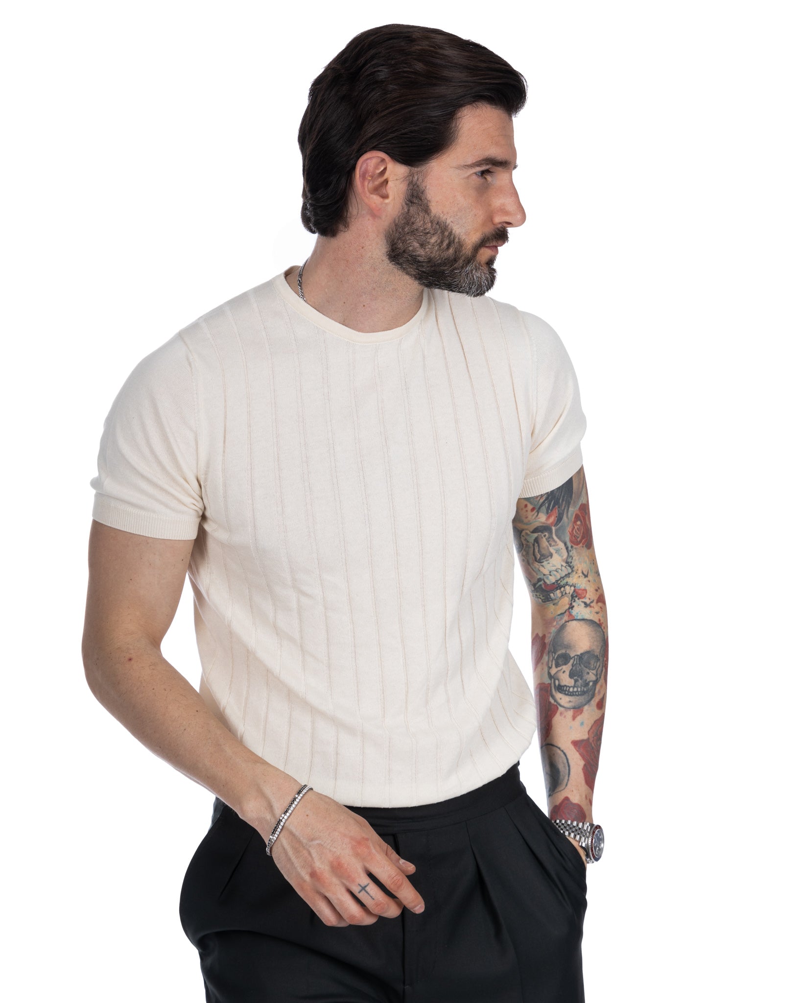 Andreas - t-shirt panna a coste in maglia