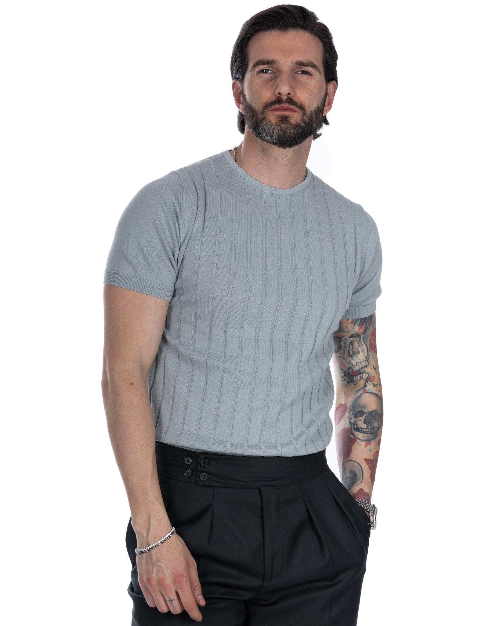 Andreas - t-shirt grigio chiaro a coste in maglia