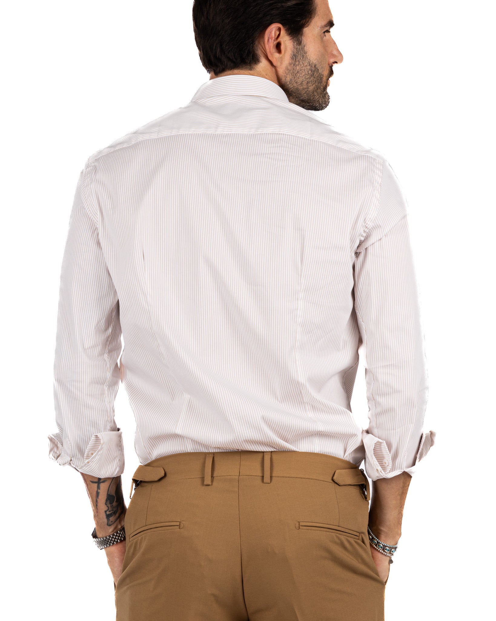Shirt - classic basic beige narrow stripe in cotton
