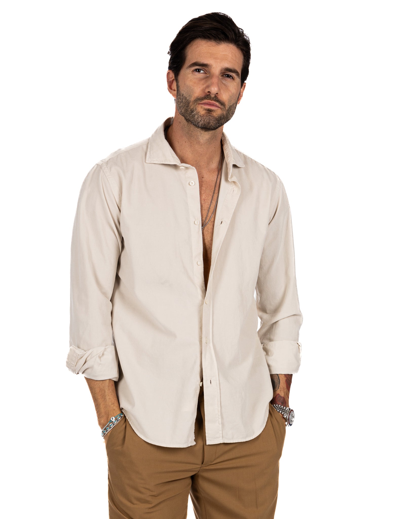 Vega - camicia beige in velluto mille righe