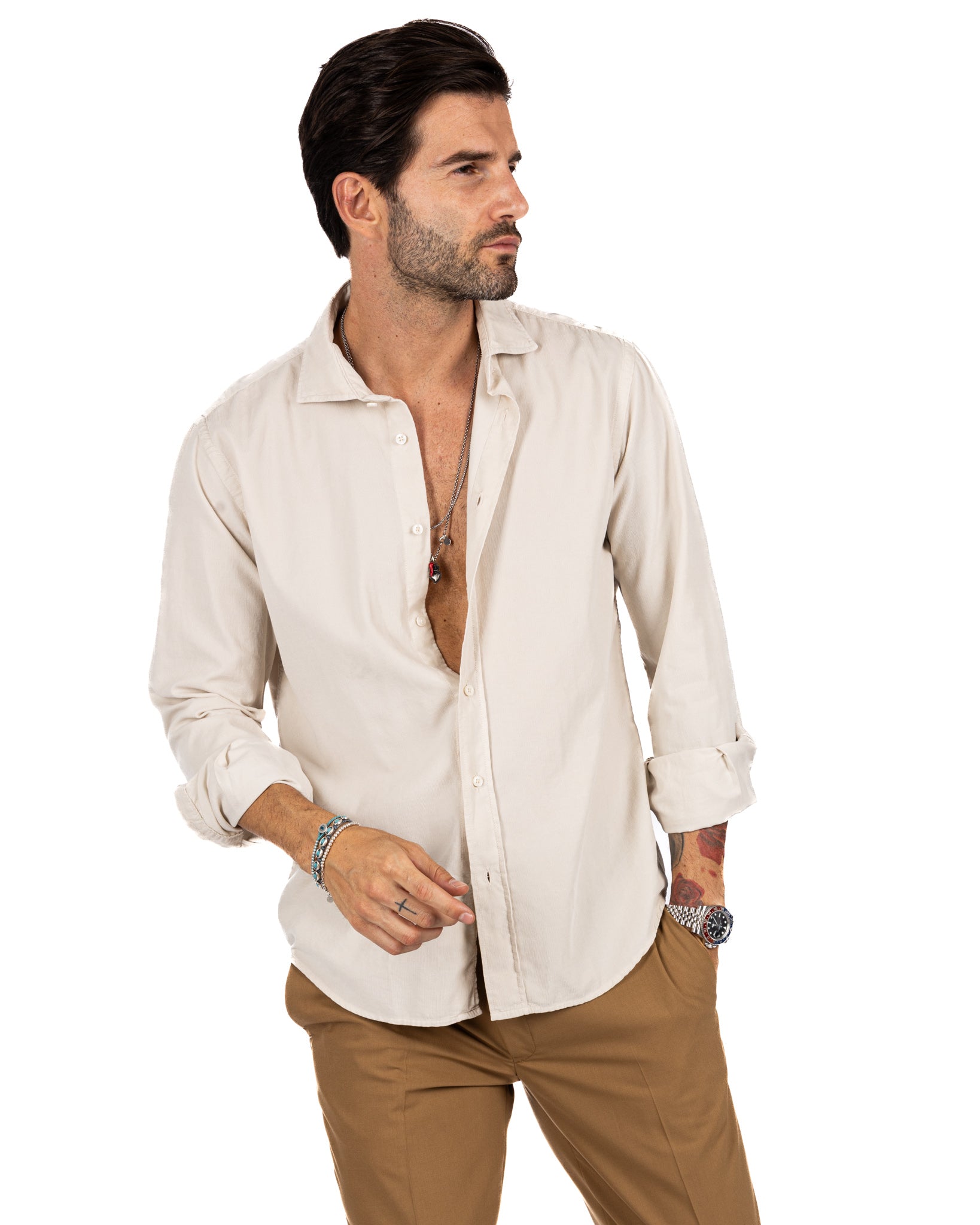 Vega - camicia beige in velluto mille righe