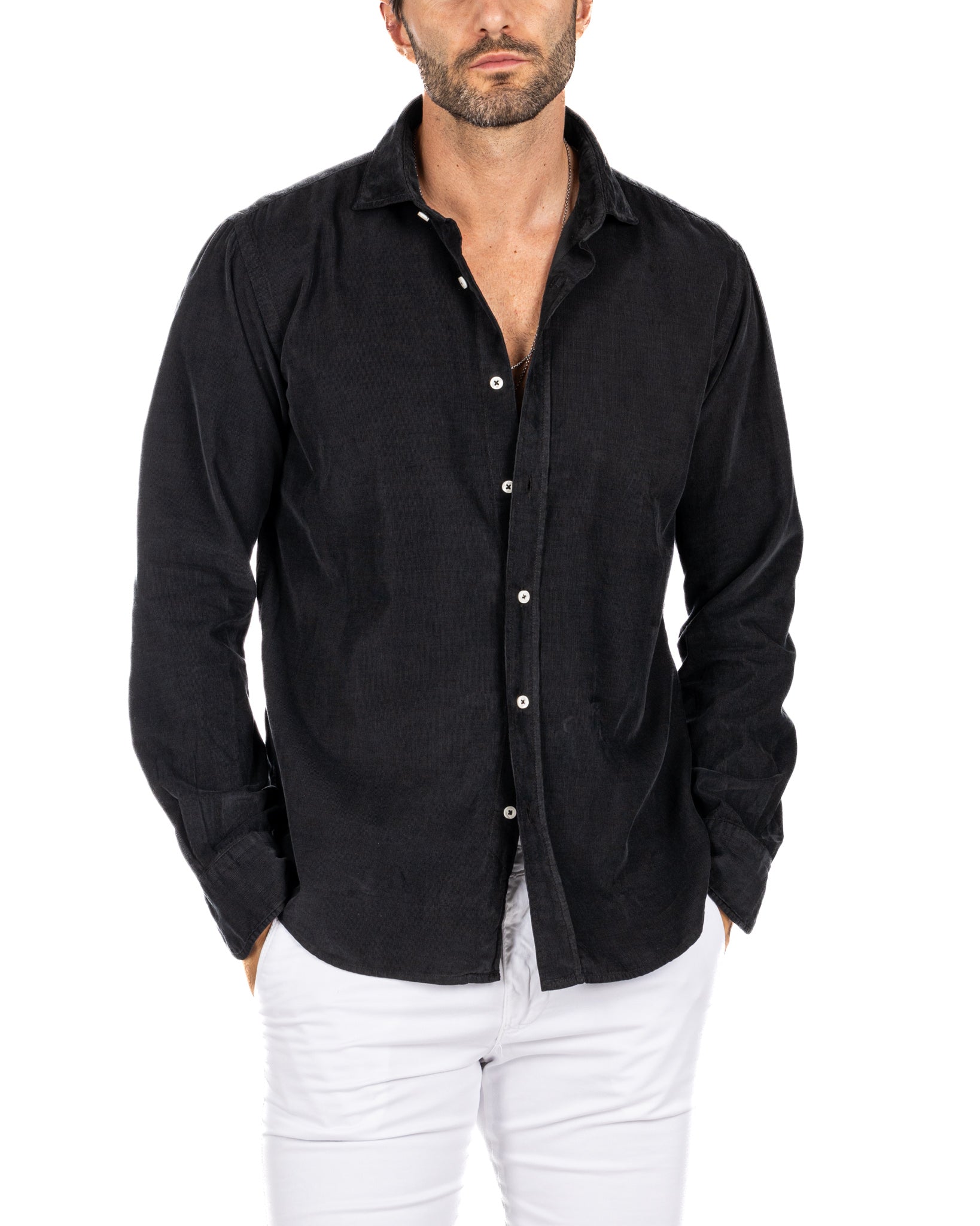Vega - camicia nera in velluto mille righe