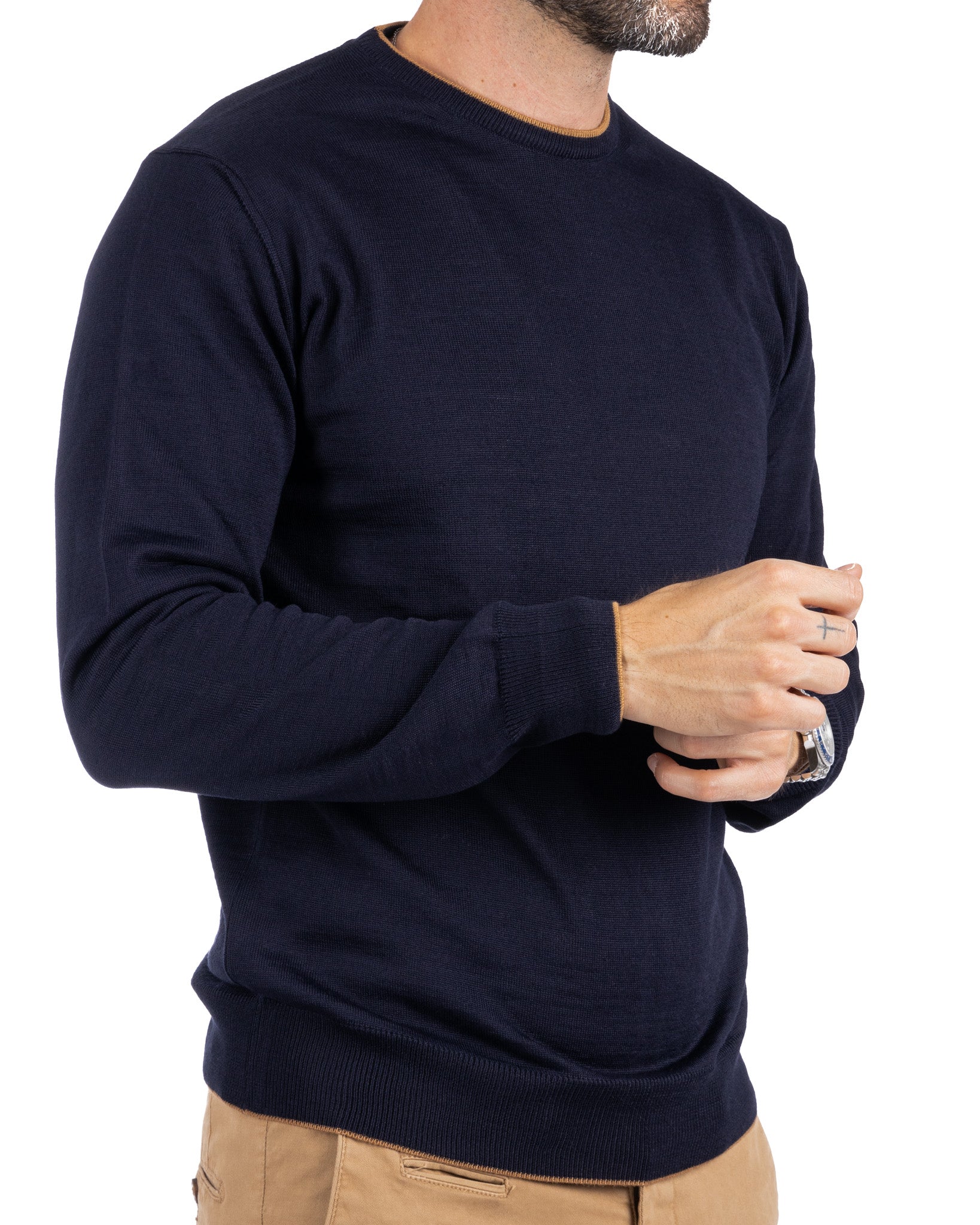 Seve - maglione blu con bordo cammello
