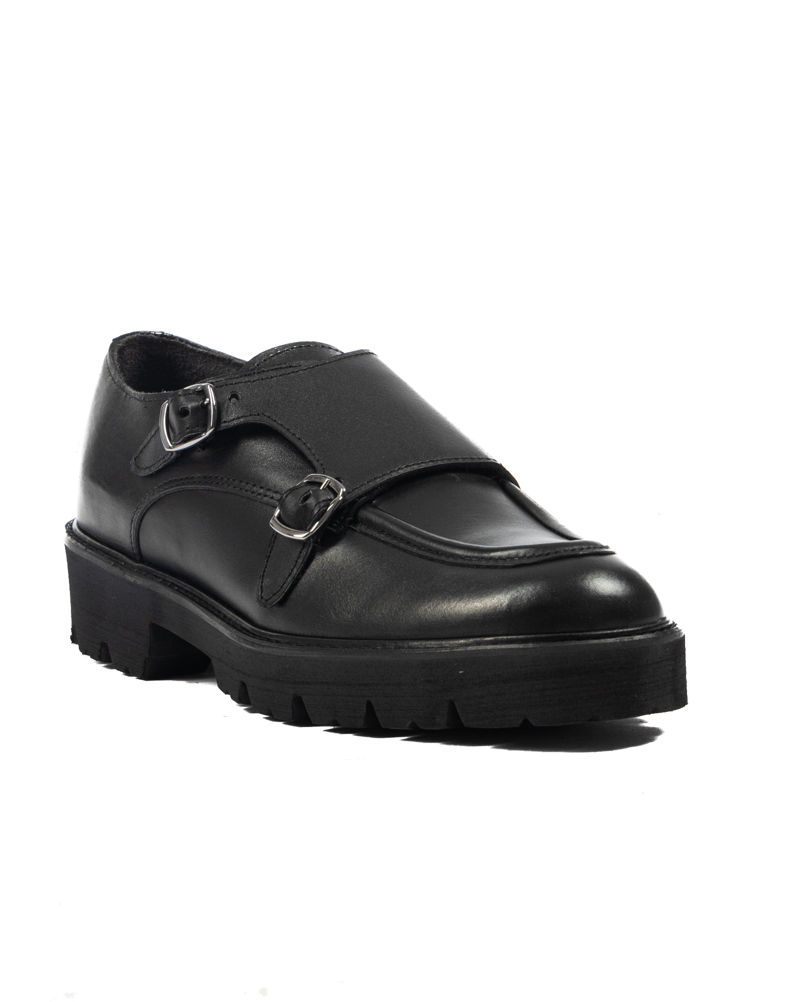 Falcon- black leather moccasin with double buckle 