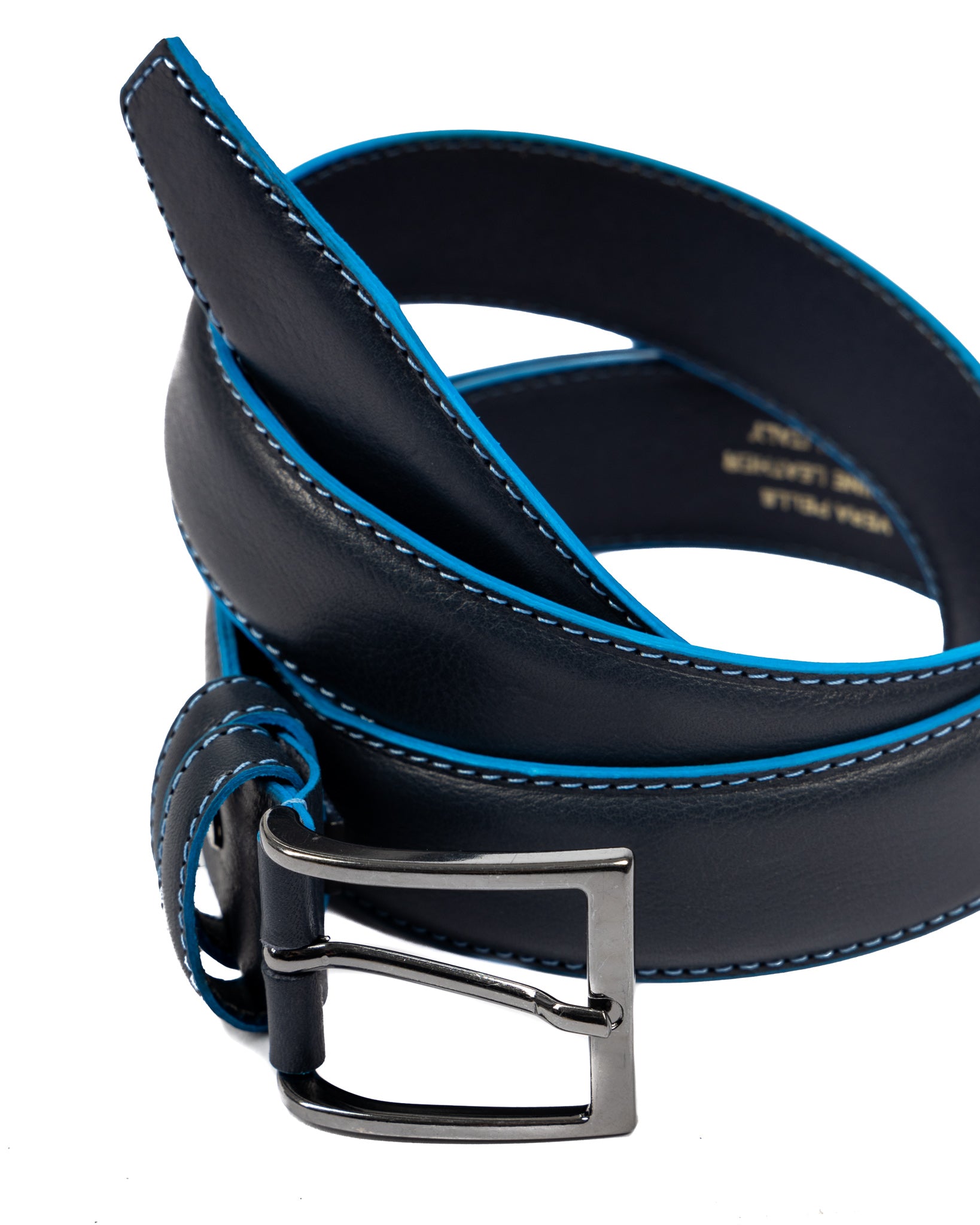 Pienza - ceinture en cuir bleu avec surpiqûres contrastées