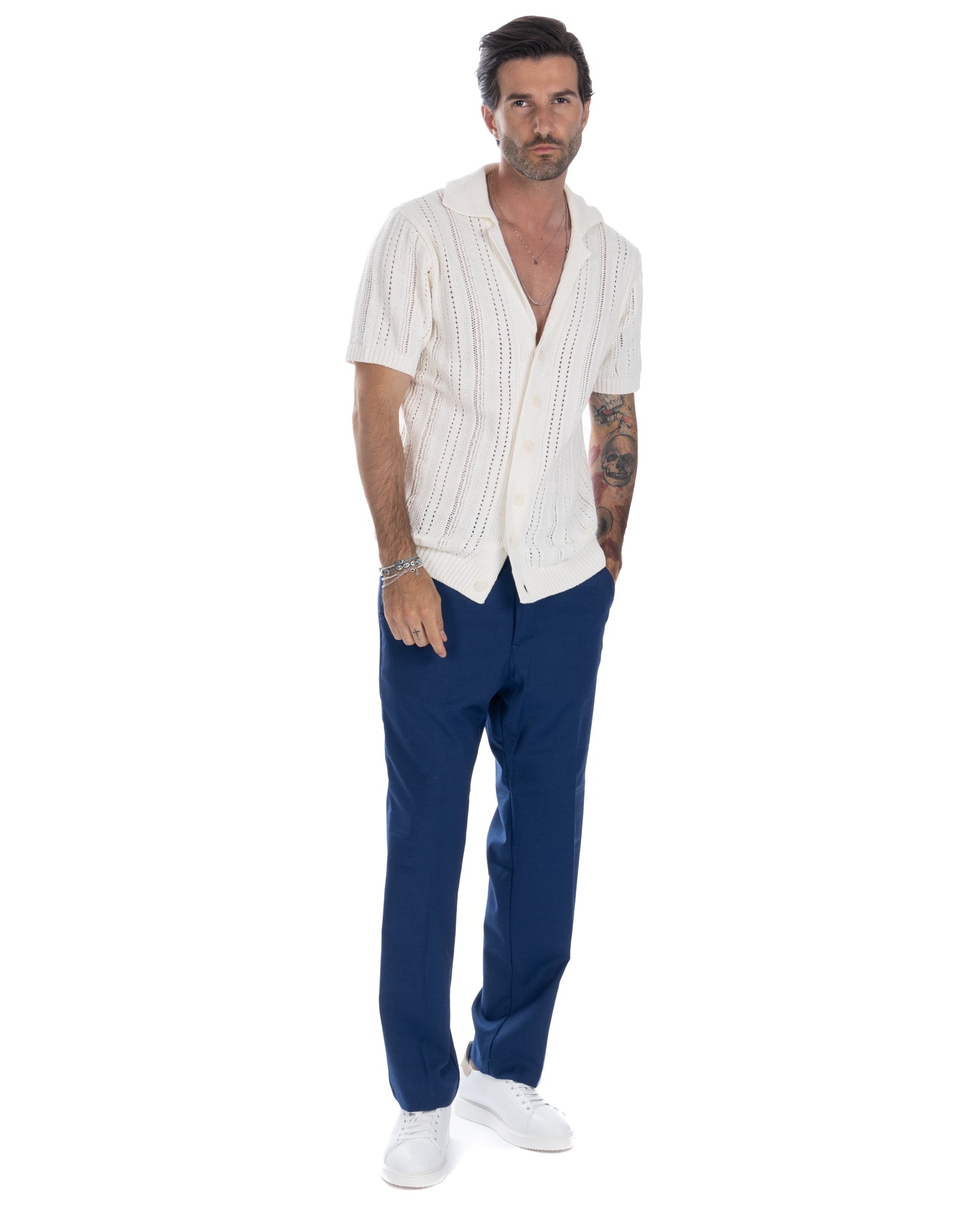 Jacob - pantalone largo bluette in misto lana