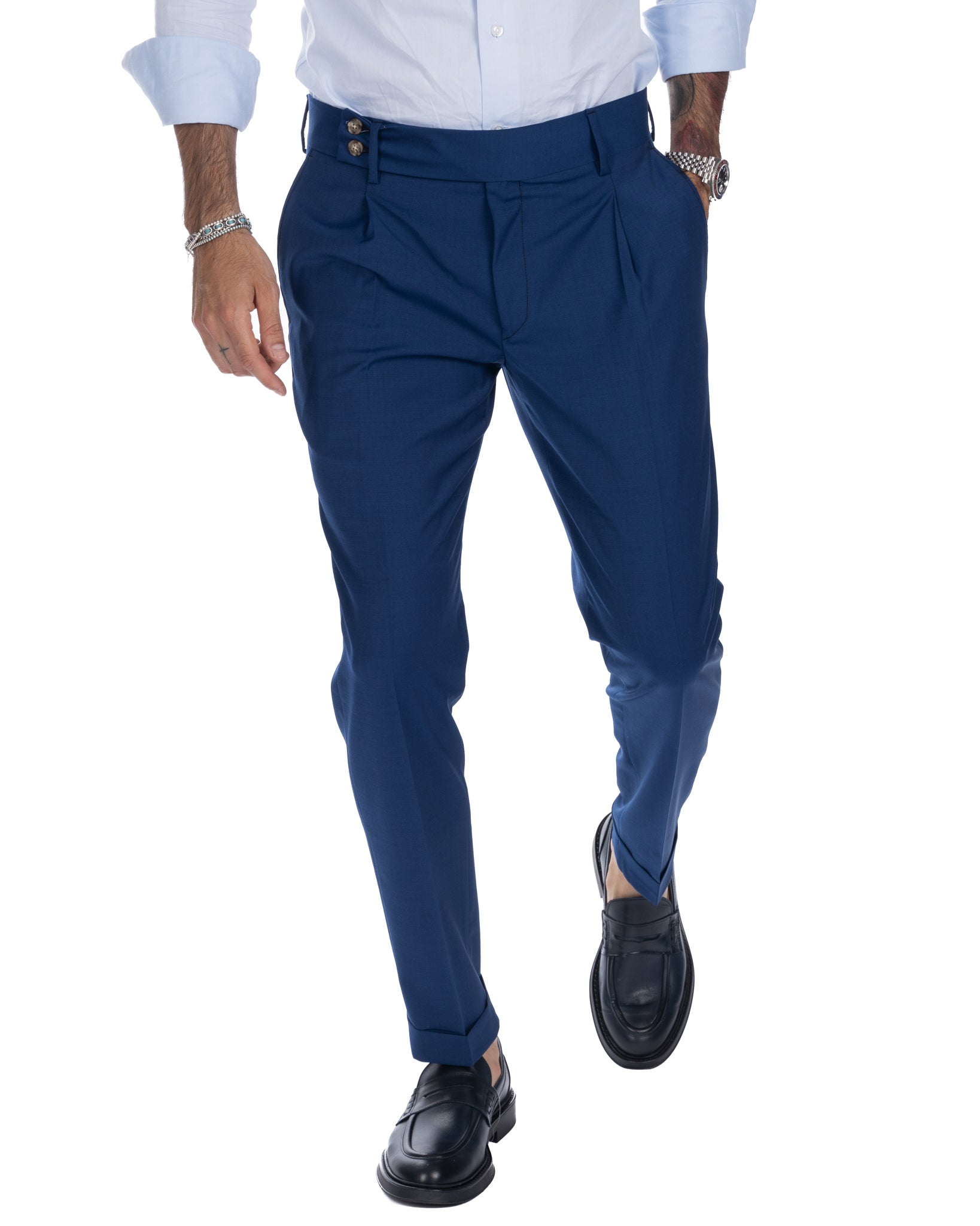 Italian - pantalone vita alta bluette in misto lana