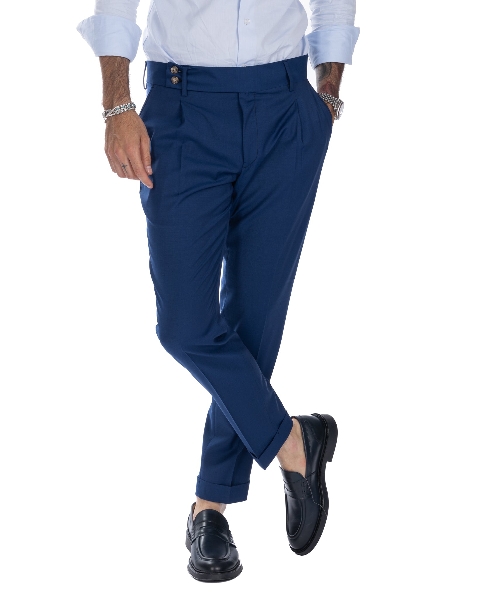 Italian - pantalone vita alta bluette in misto lana