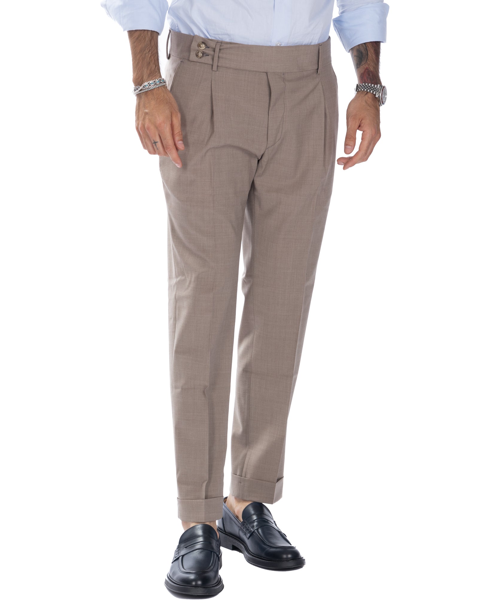 Pantalon italien taille haute beige en laine mélangée