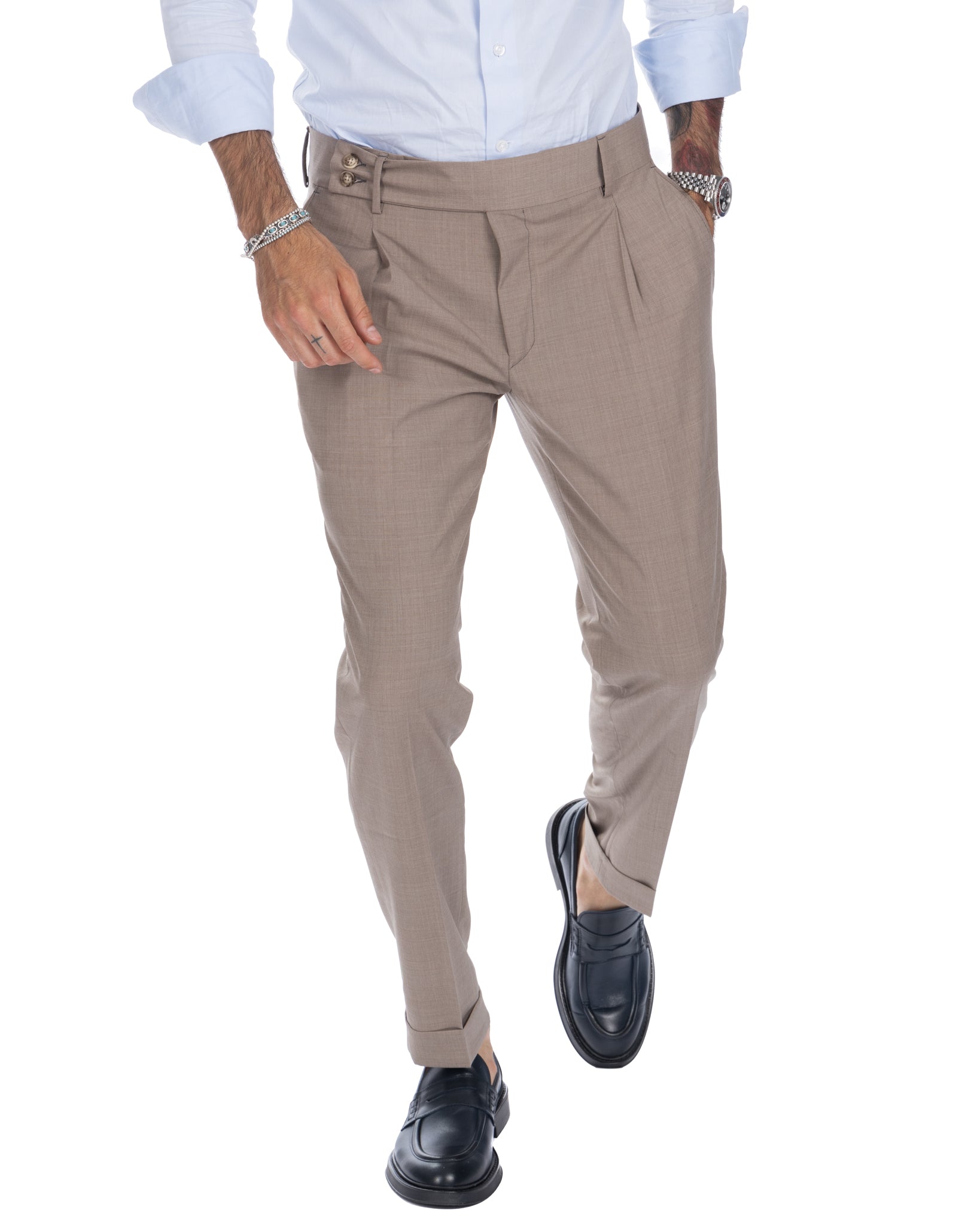 Italian - pantalone vita alta beige in misto lana