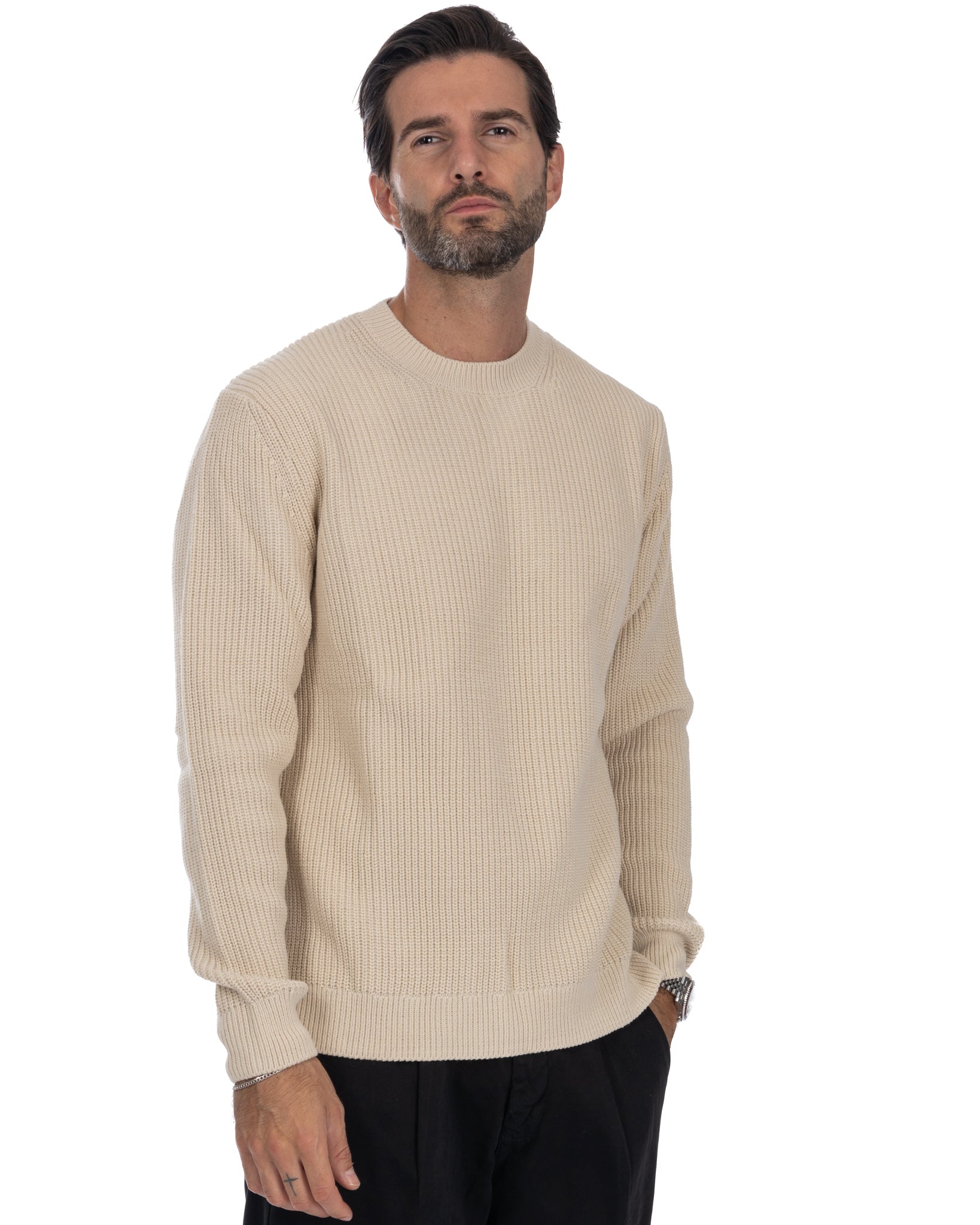 Sven - maglione girocollo a coste beige