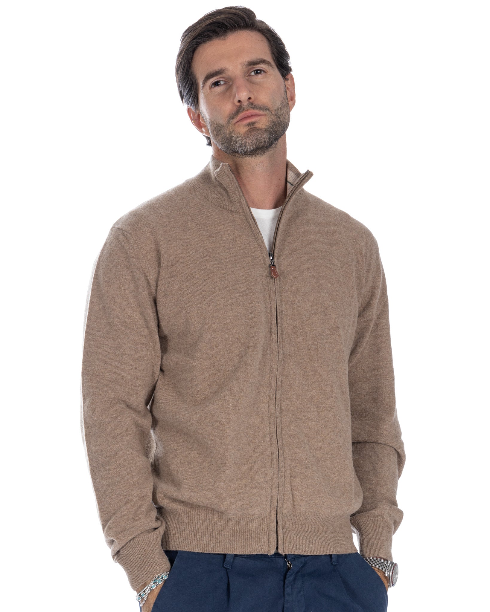 Matt - full zip tobacco sweater in cashmere blend