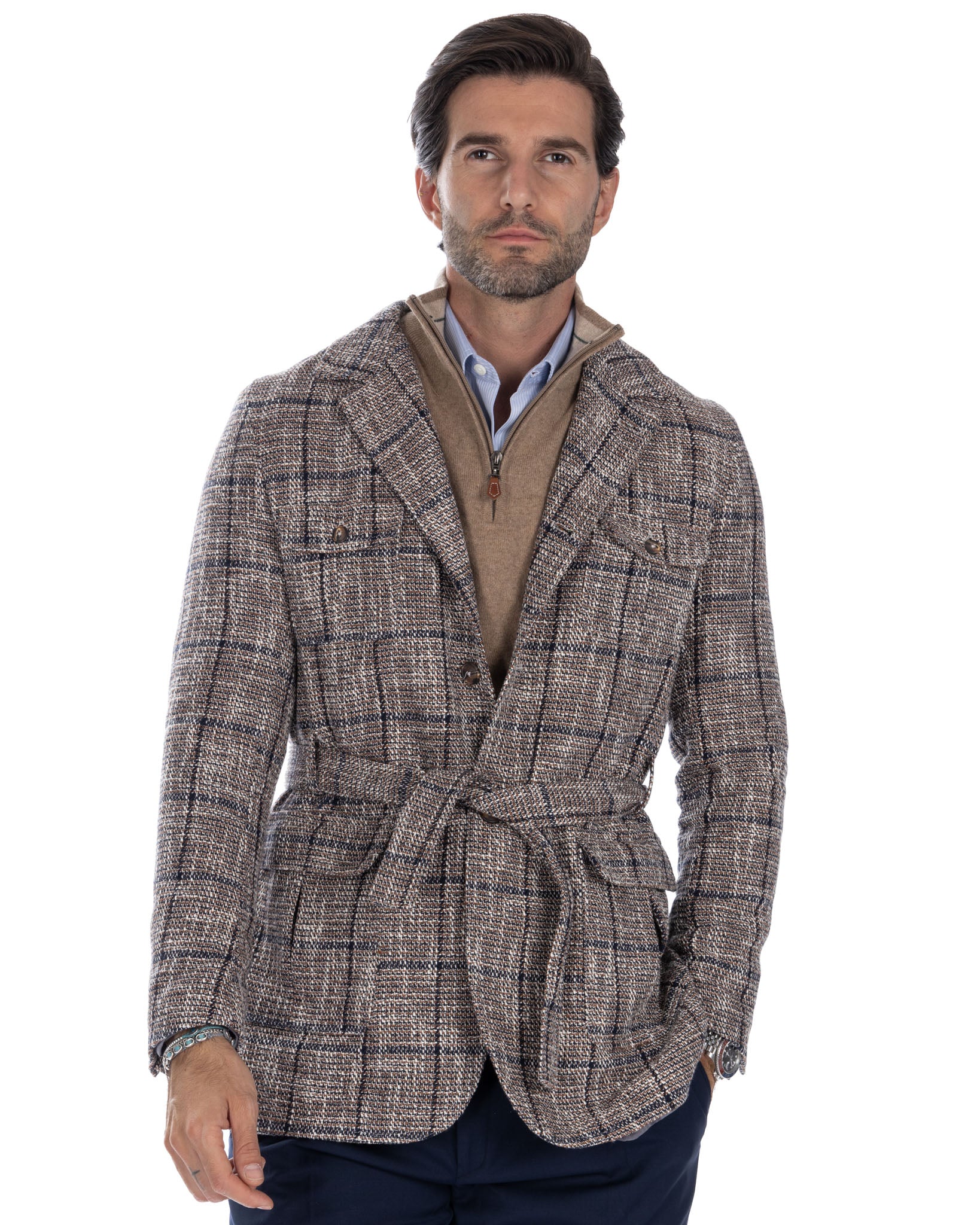 Armand - beige checked wool safari jacket