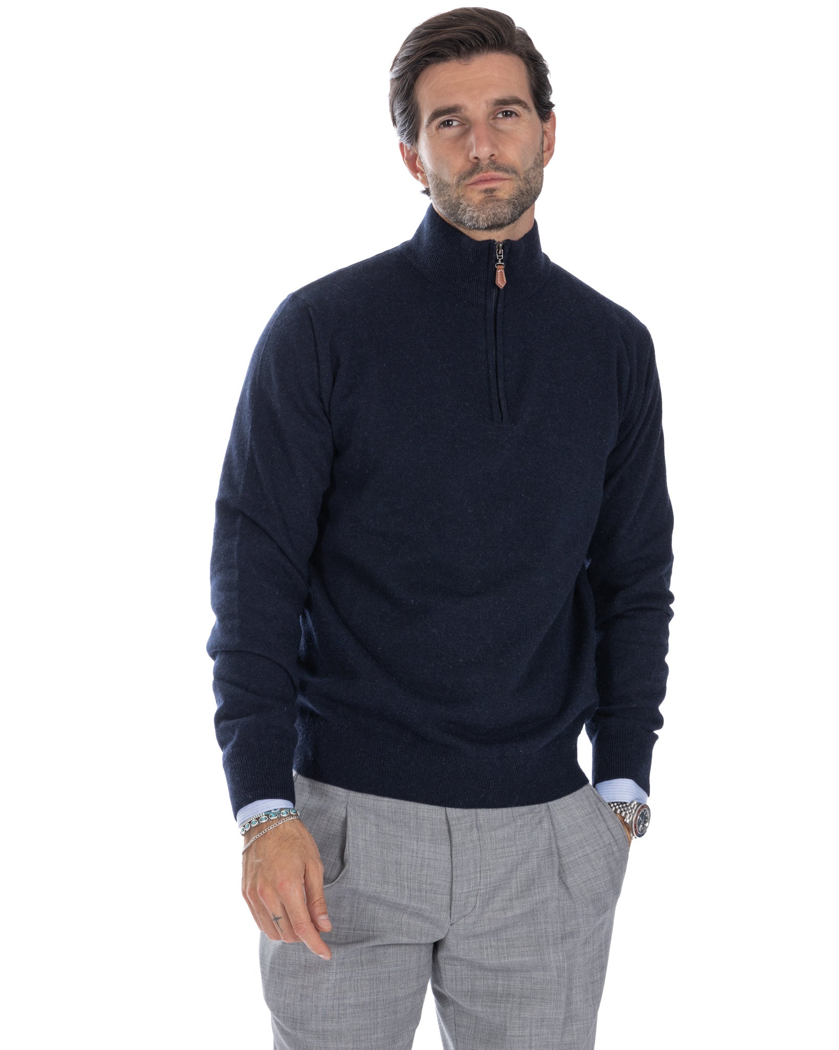 Rory - maglione blu con zip in misto cachemire