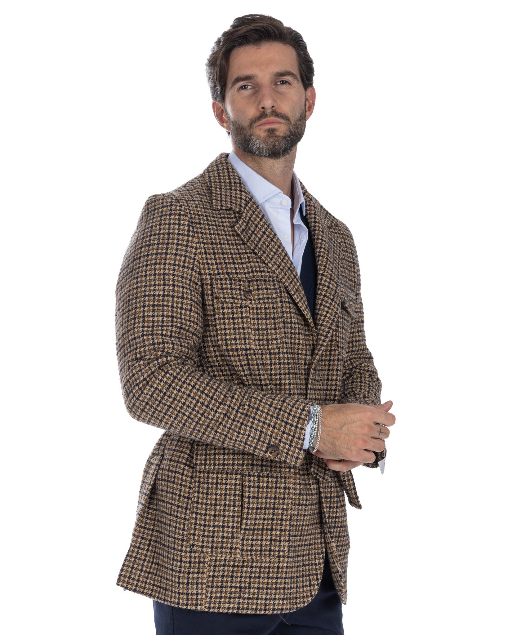 Augustin - blue houndstooth safari jacket in wool