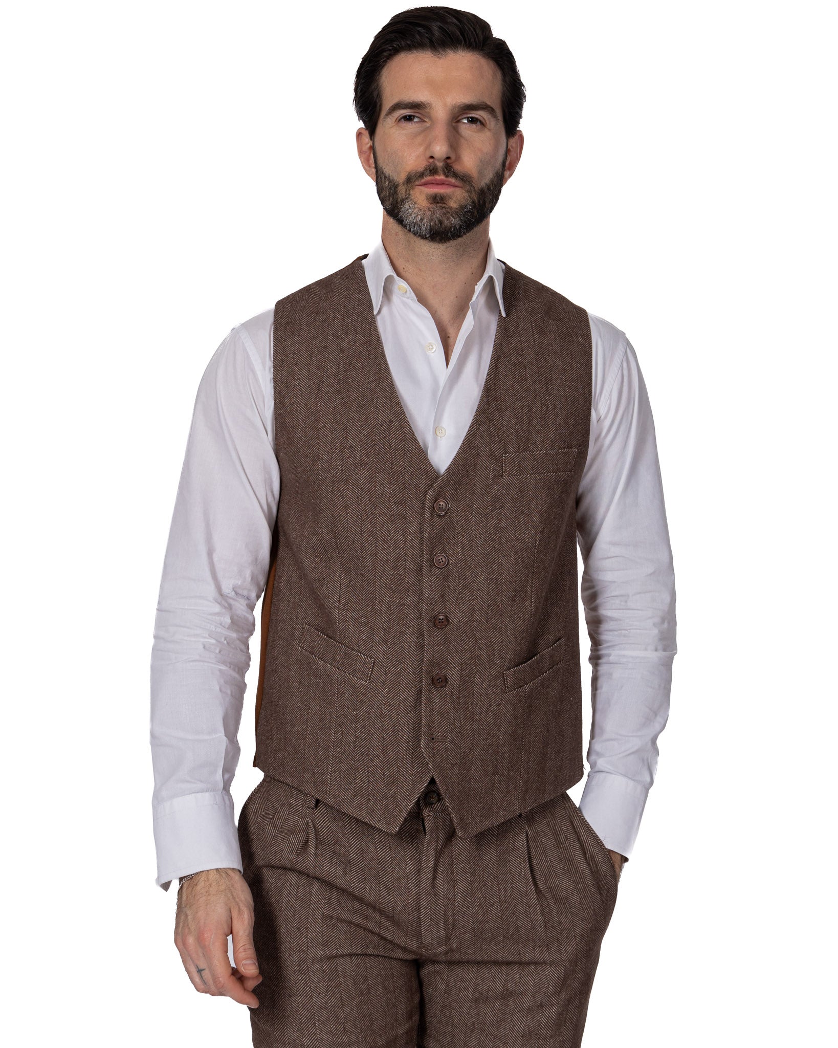 Laives - dark brown herringbone single-breasted waistcoat