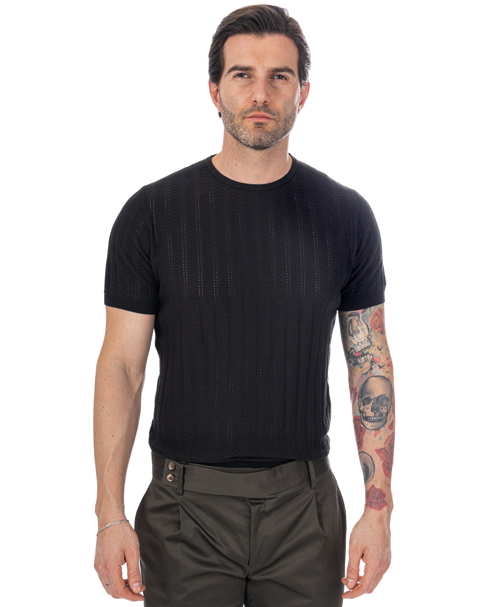 Nick - t-shirt a maglia traforata nera