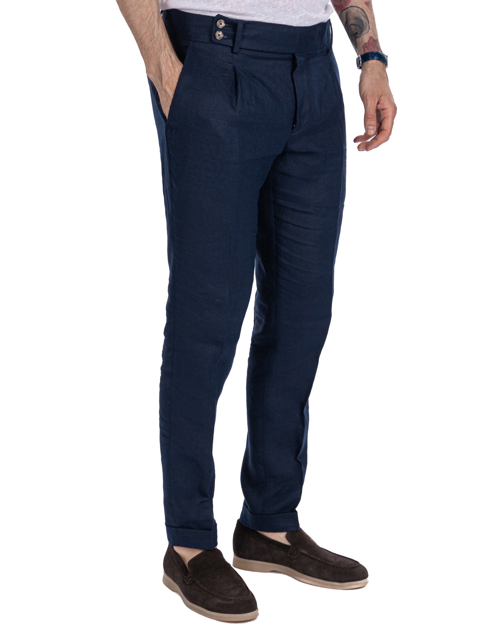 Pescaluse - pantalone vita alta in puro lino blu