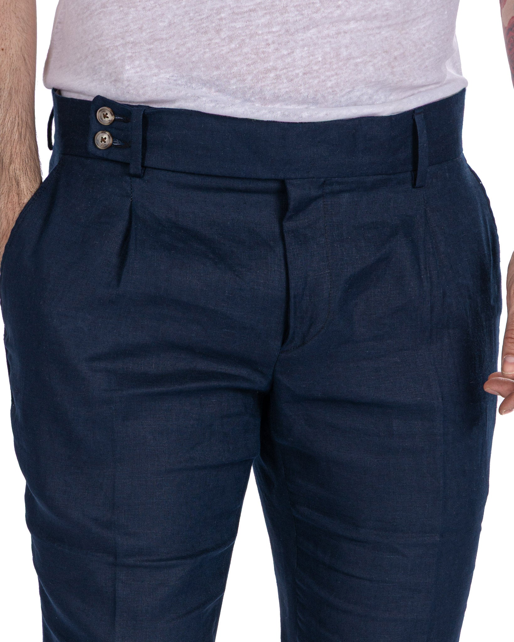 Pescaluse - pantalone vita alta in puro lino blu