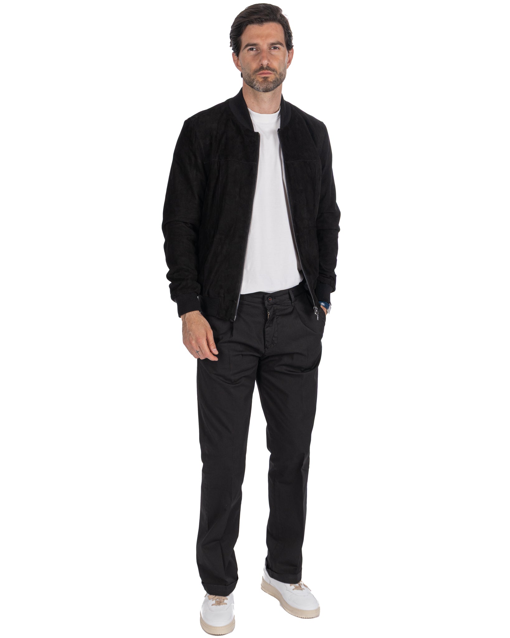 Bomber con zip scamosciato nero