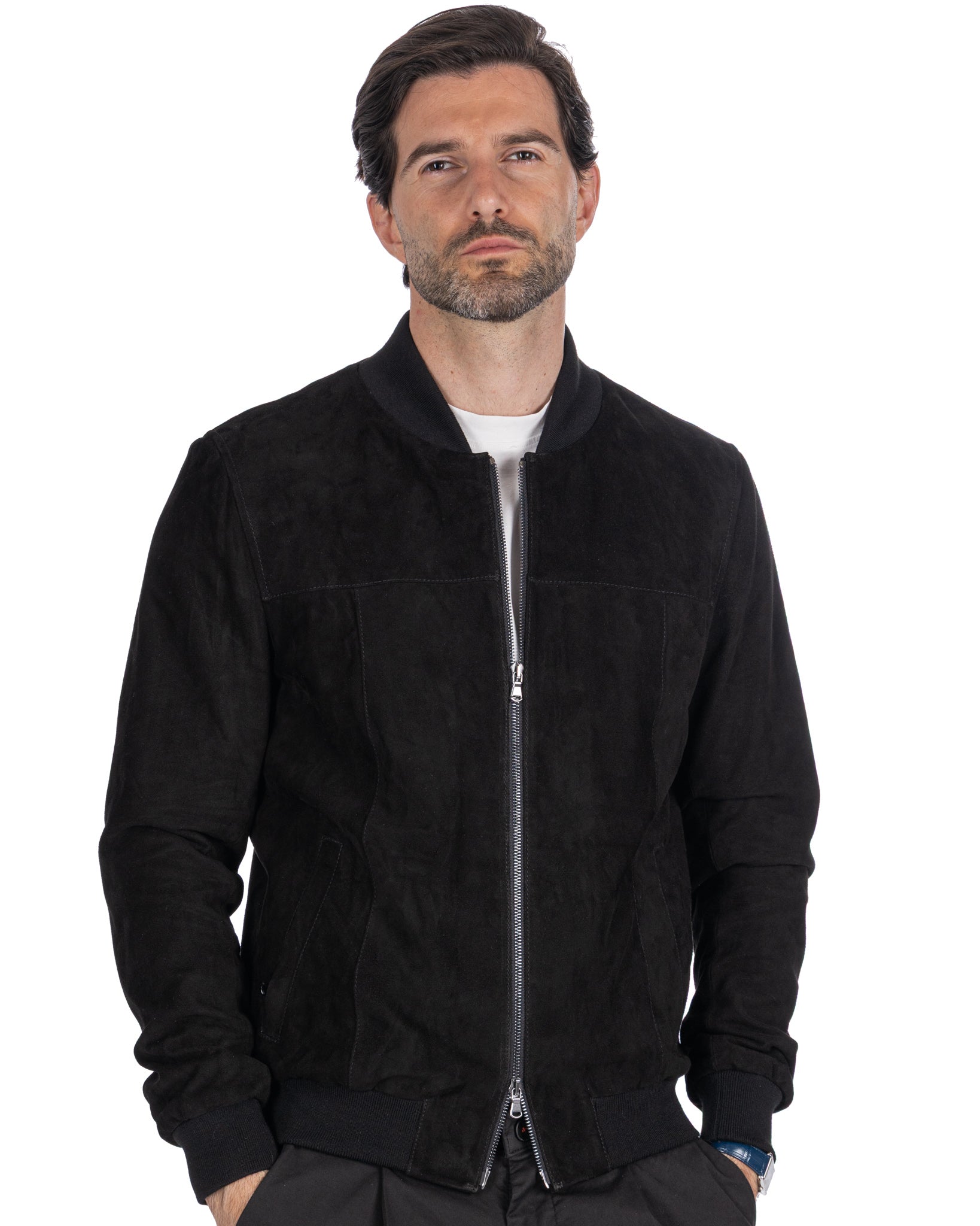 Bomber con zip scamosciato nero