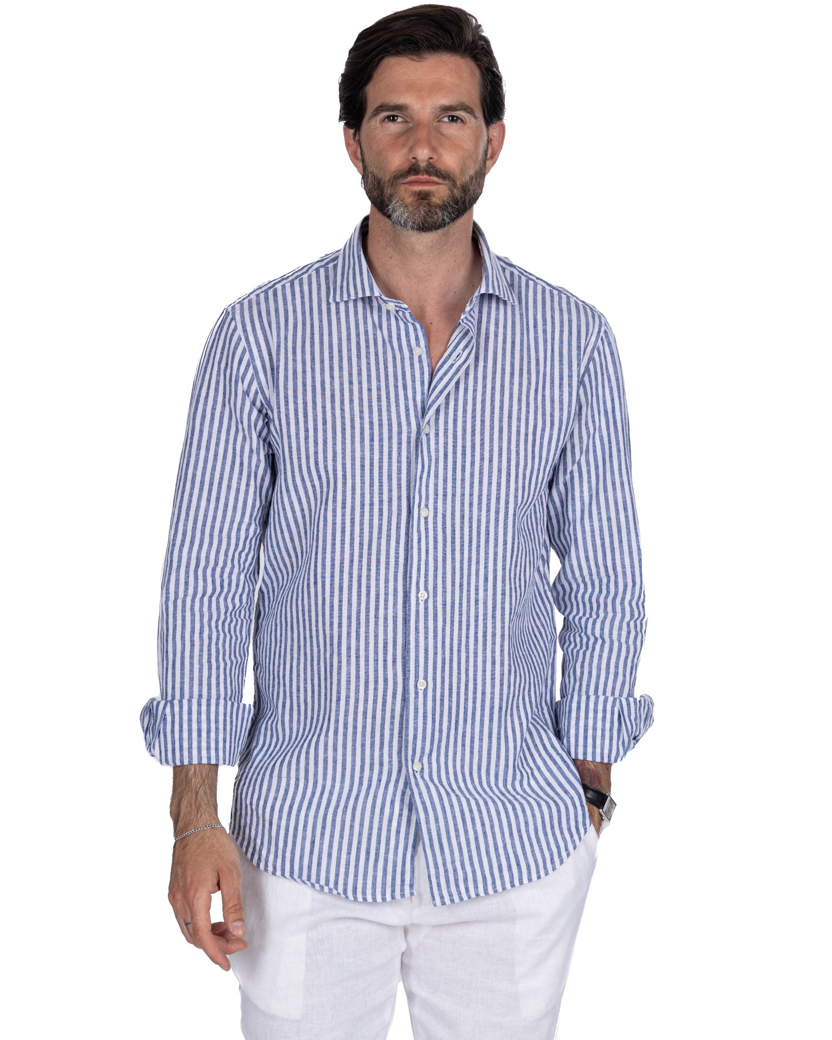 Cassis - camicia in misto lino a righe blu