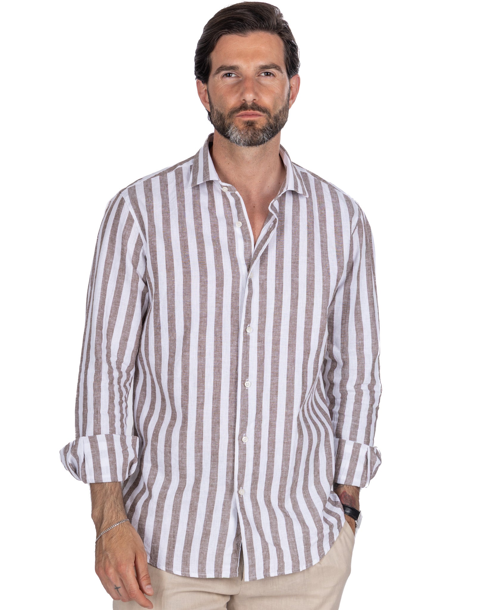 Eze - camicia in misto lino a righe moro