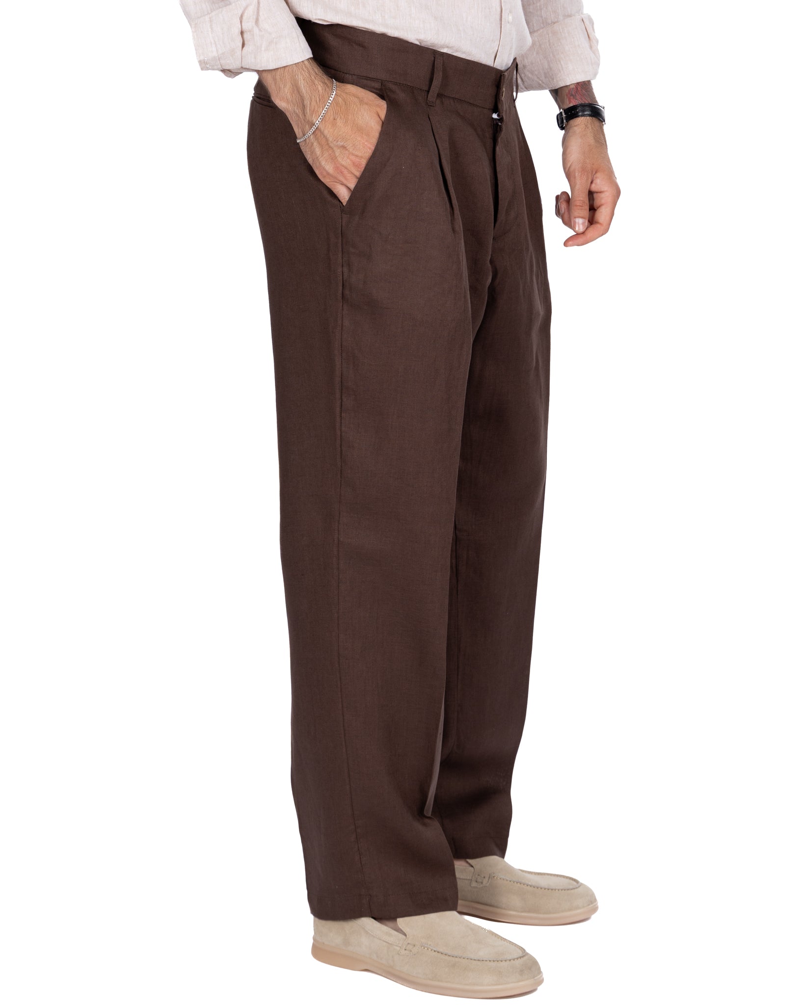 Lucas - pantalone largo in puro lino moro con pinces