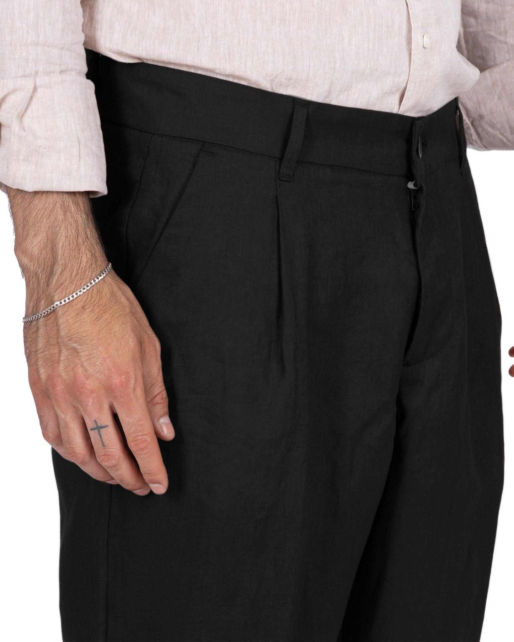 Lucas - pantalone largo in puro lino nero con pinces