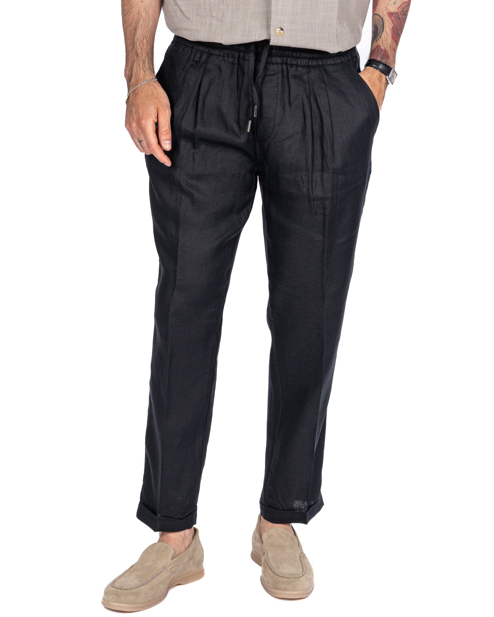 Cary - pantalaccio in puro lino nero