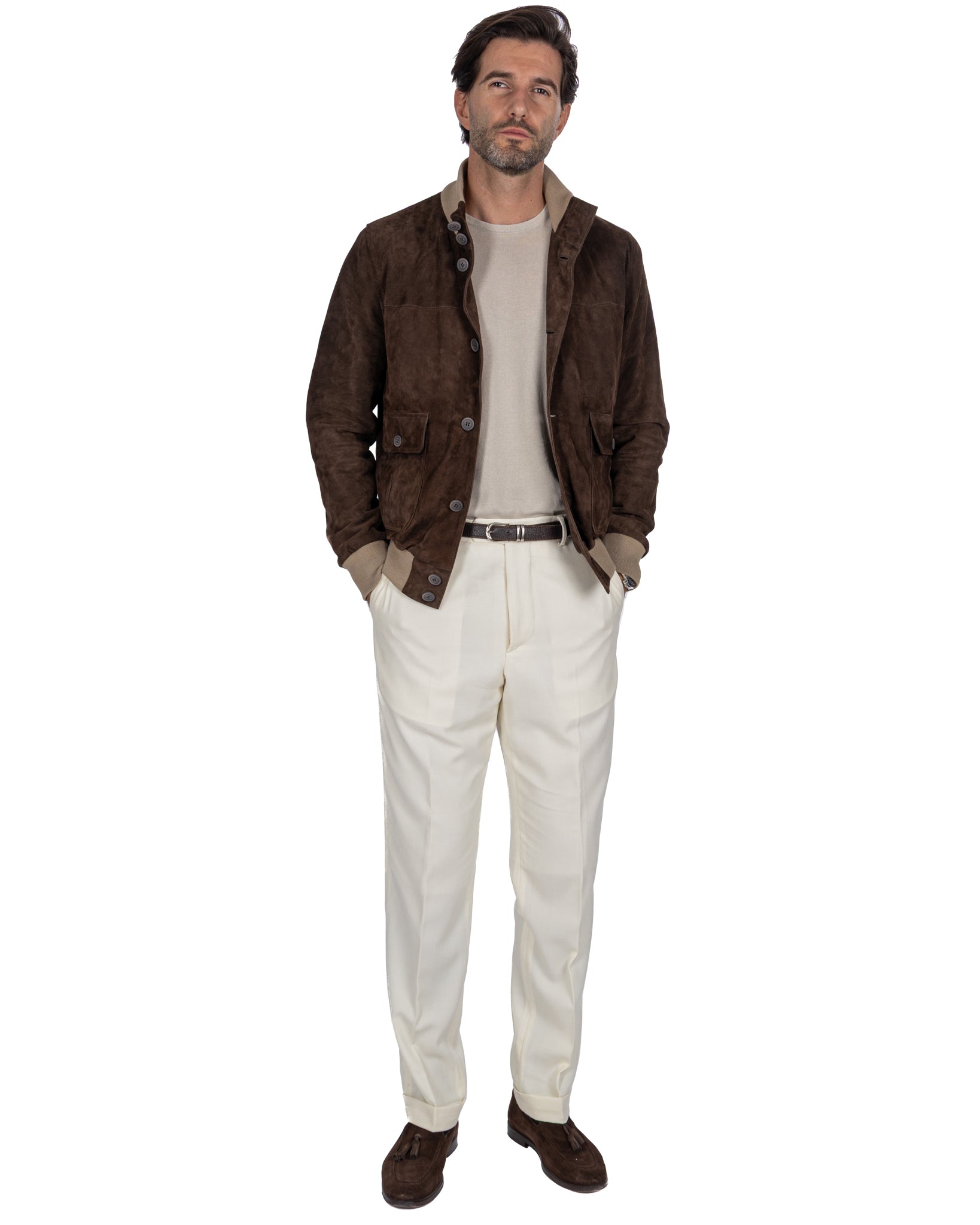 Blouson aviateur boutonné en daim marron foncé