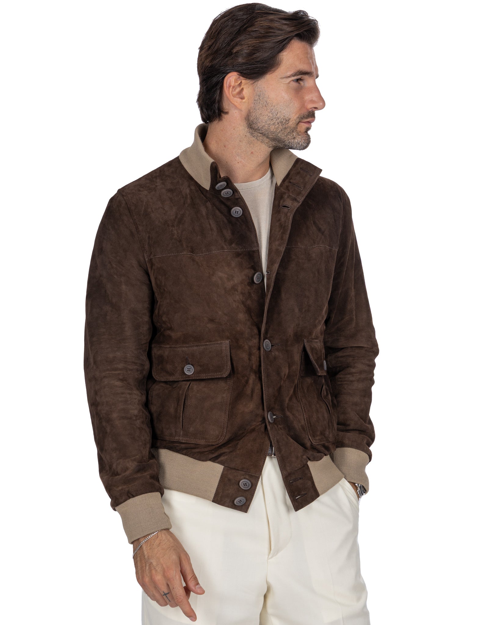 Bomber con bottoni scamosciato testa di moro