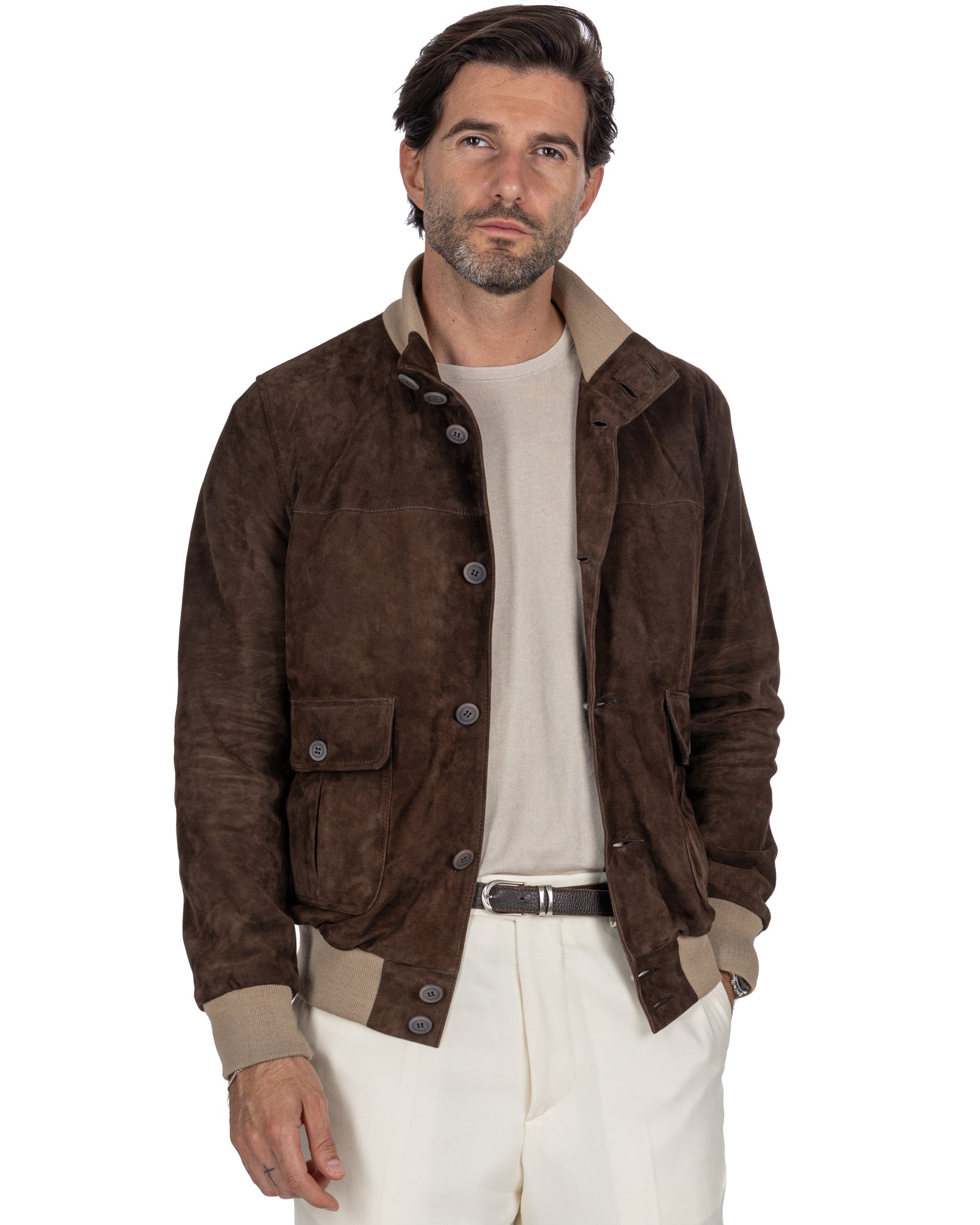 Blouson aviateur boutonné en daim marron foncé