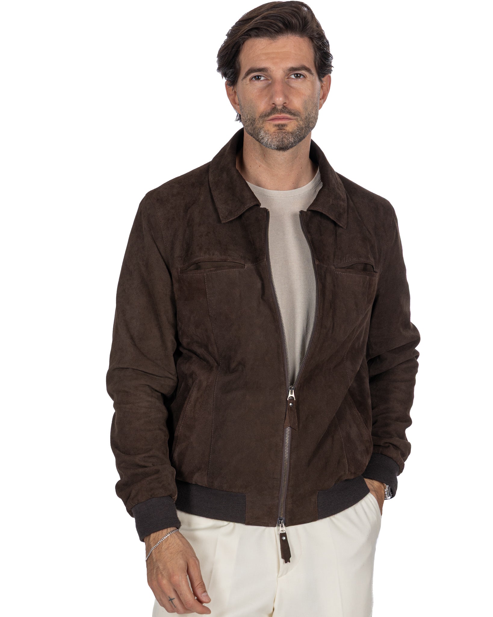 Dark brown suede zip jacket