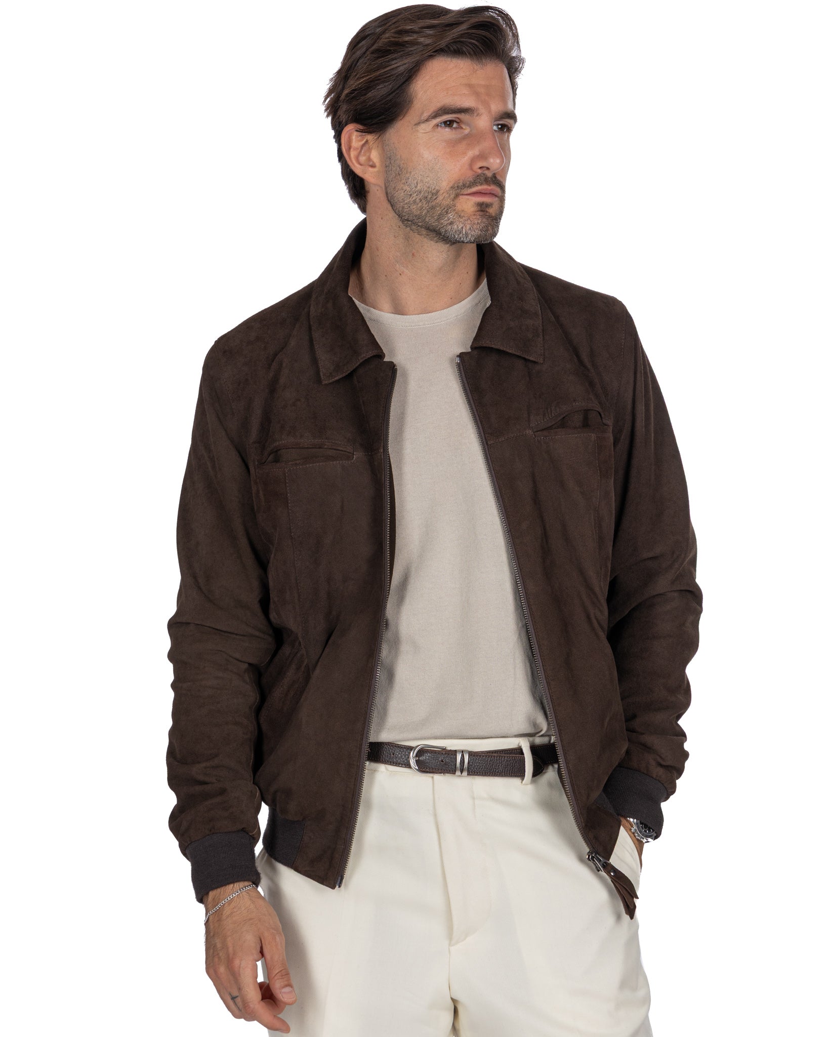 Veste zippée en daim marron foncé