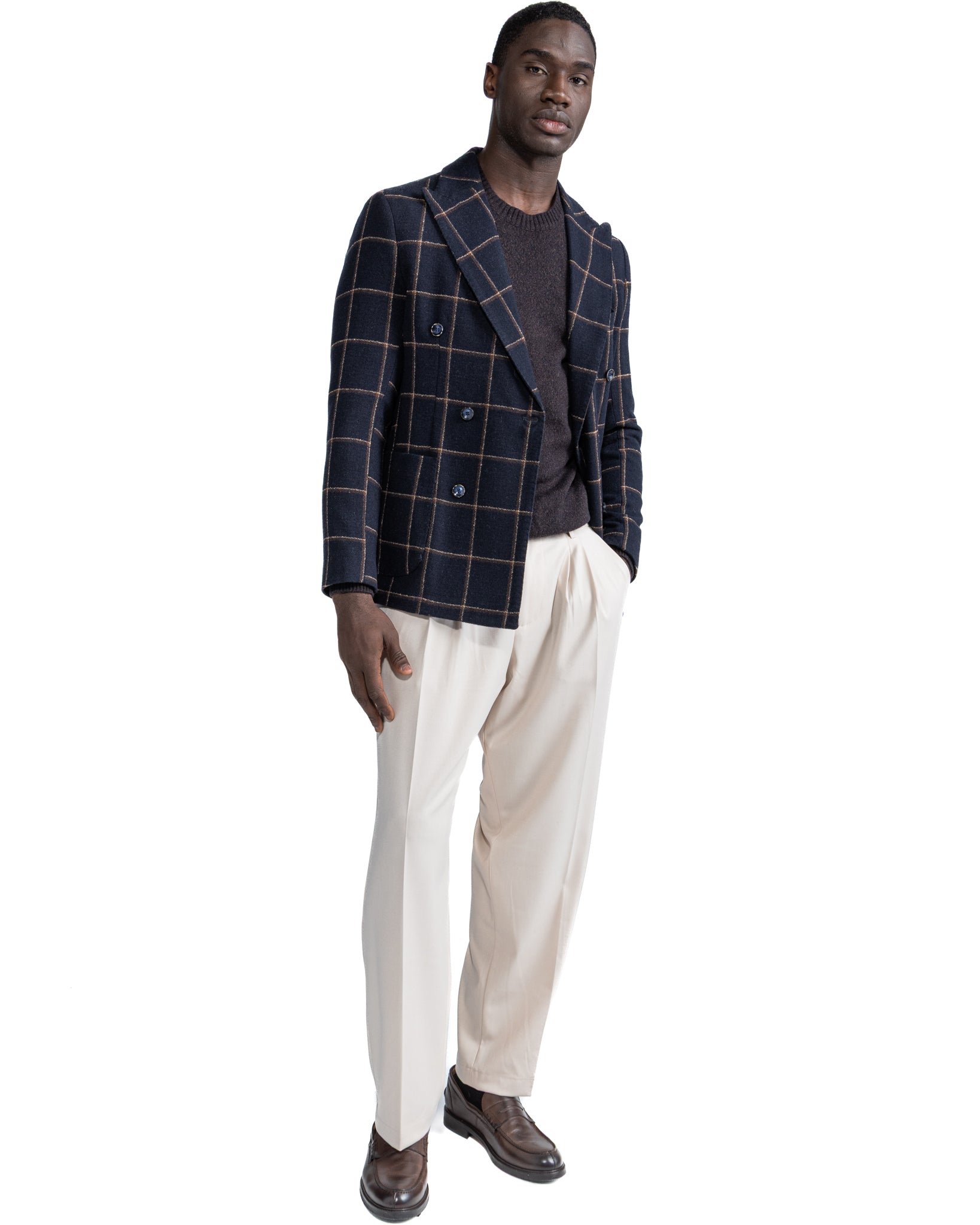 Giacca doppiopetto Fuji a quadri blu