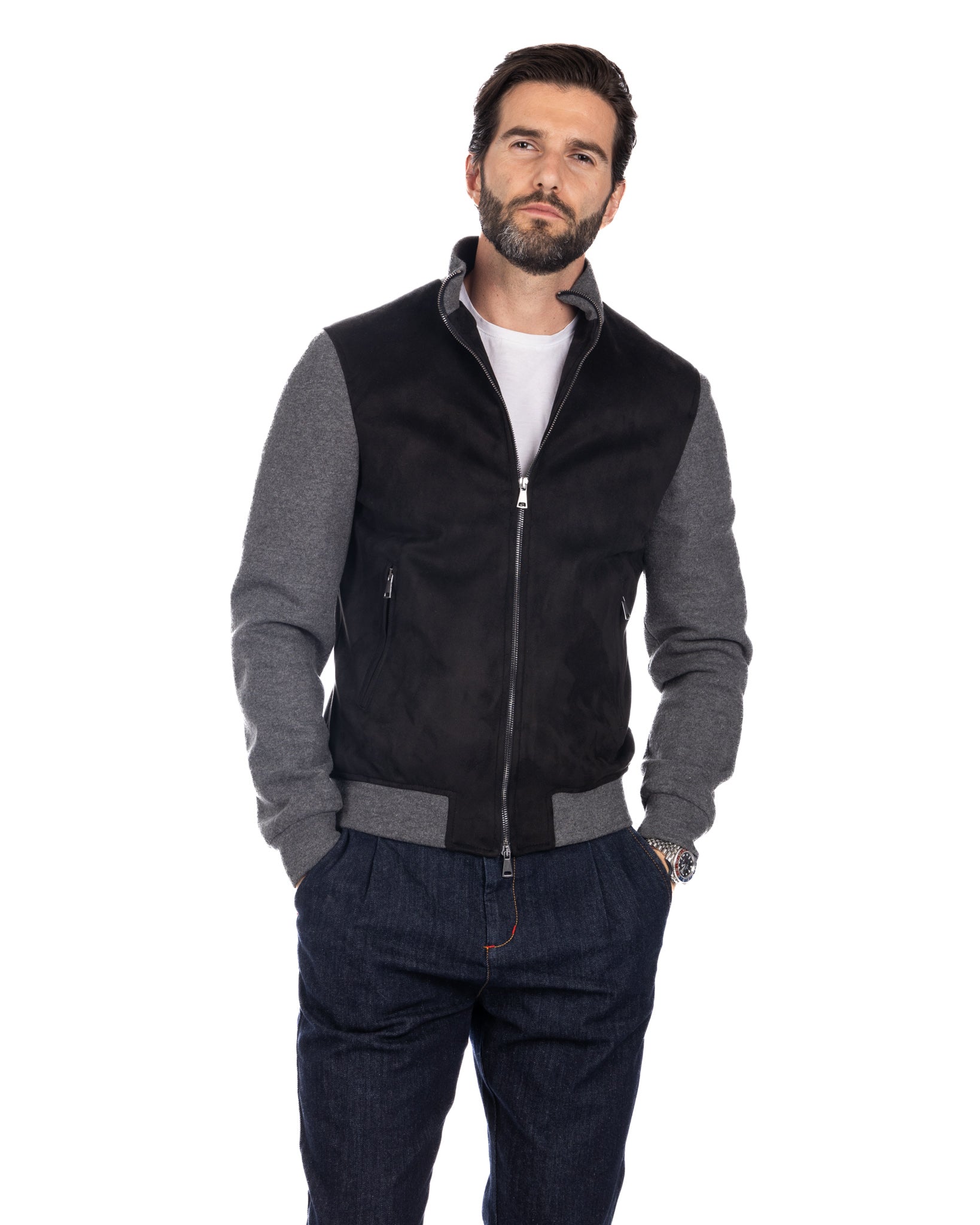 Travis - black eco-suede jacket with zip