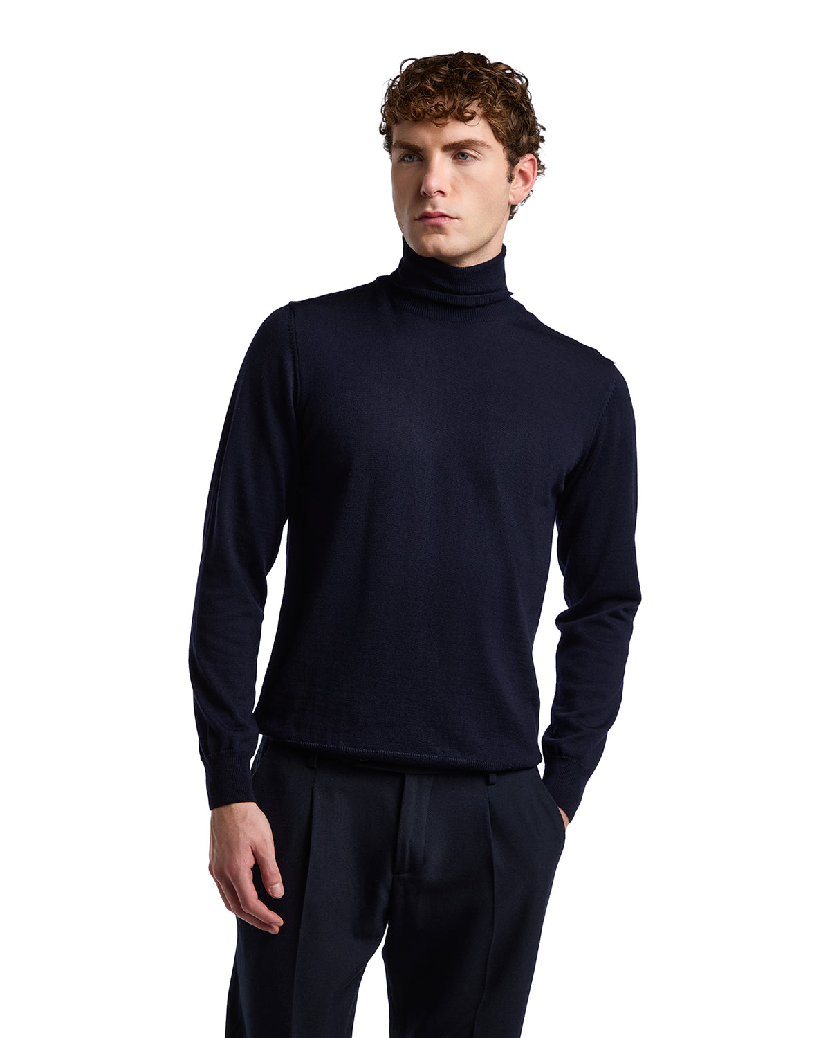Men's navy turtleneck sweater, lightweight knit fabric, classic fit, perfect for layering in cool weather.