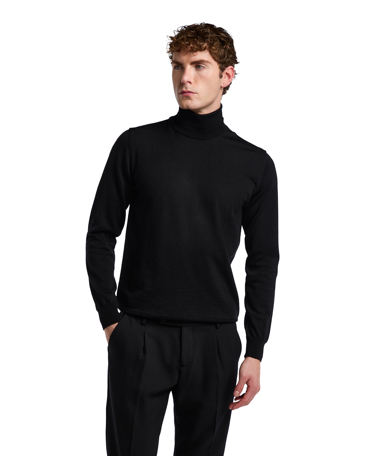 Men's black turtleneck sweater, made of soft knit material, perfect for a stylish, layered look.