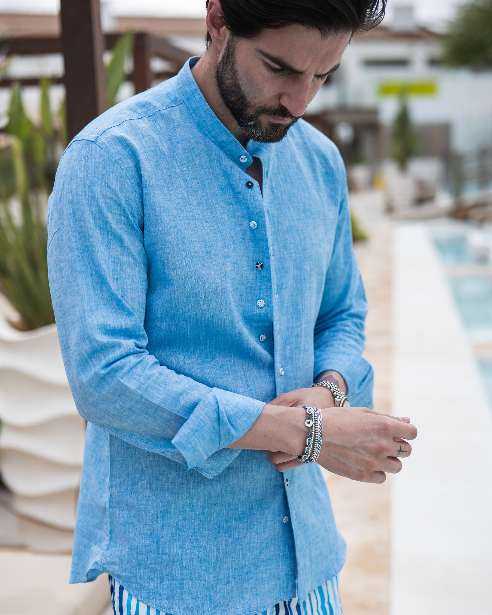 Positano - turquoise linen Korean shirt