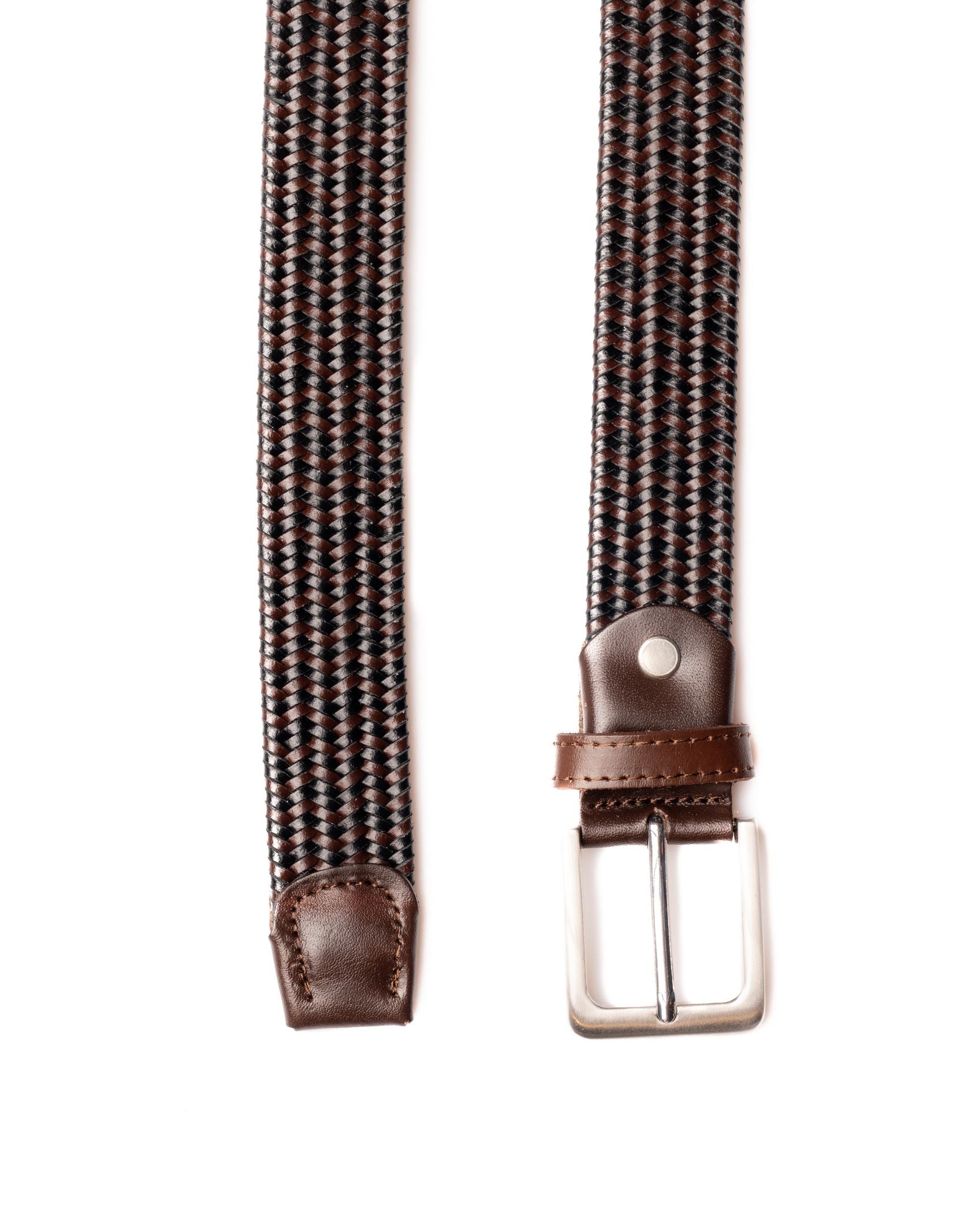 CINTURÓN DE PIEL CON TEJIDO ESTRECHO MARRÓN Y NEGRO