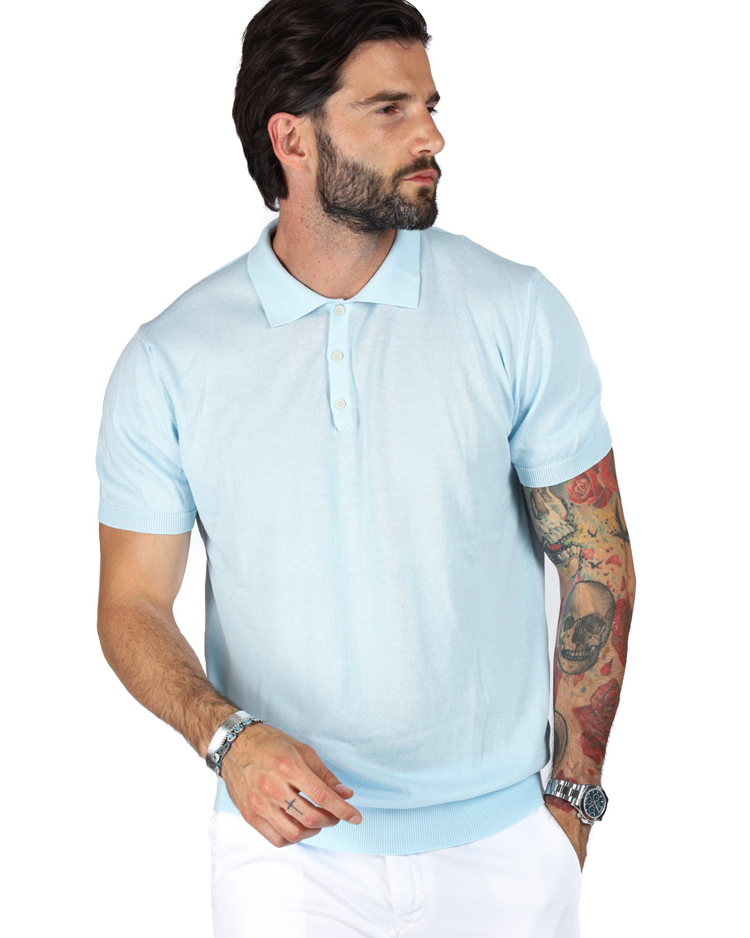 ROGER - BLUE KNITTED POLO SHIRT