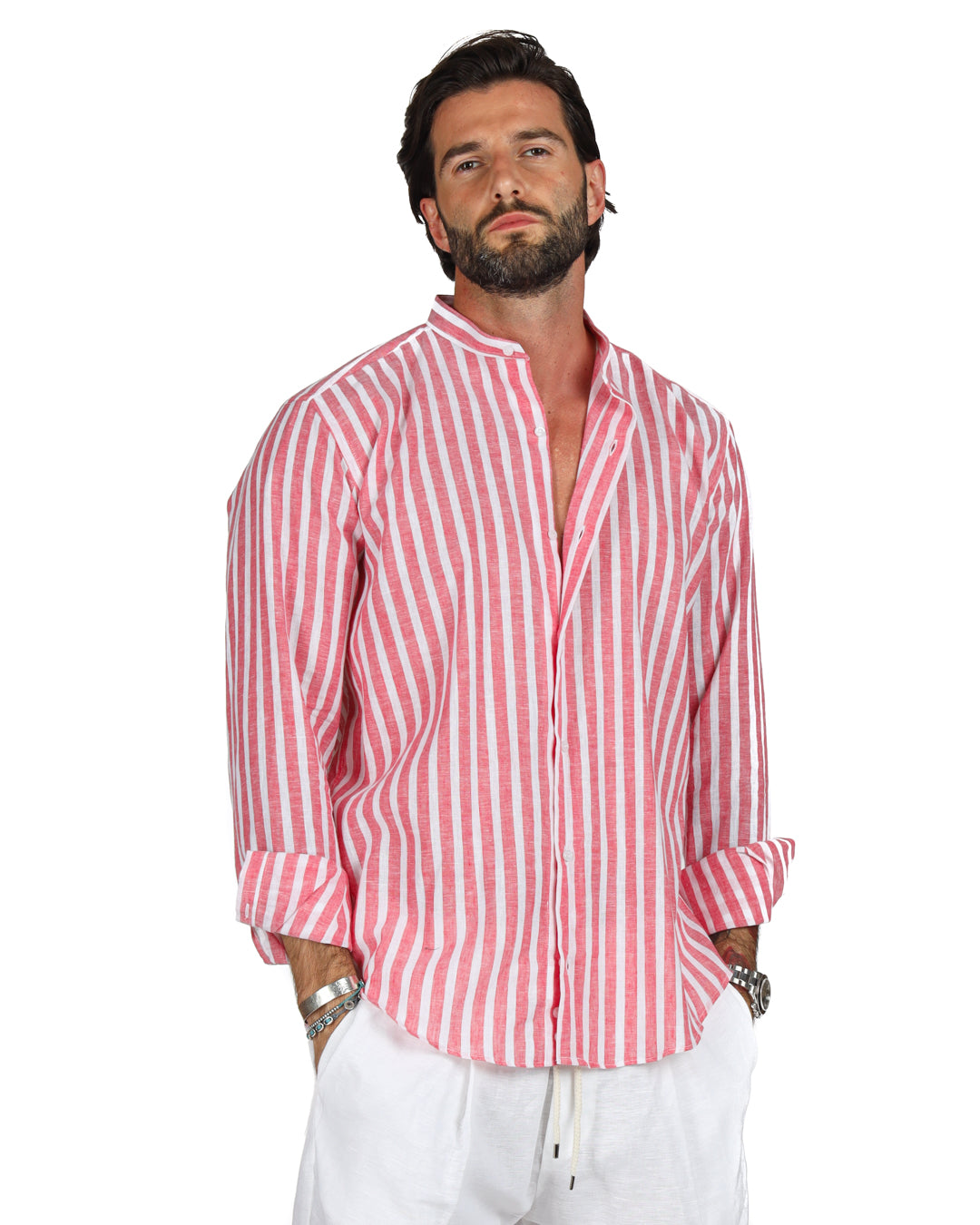 Procida - Korean linen shirt with wide red stripes