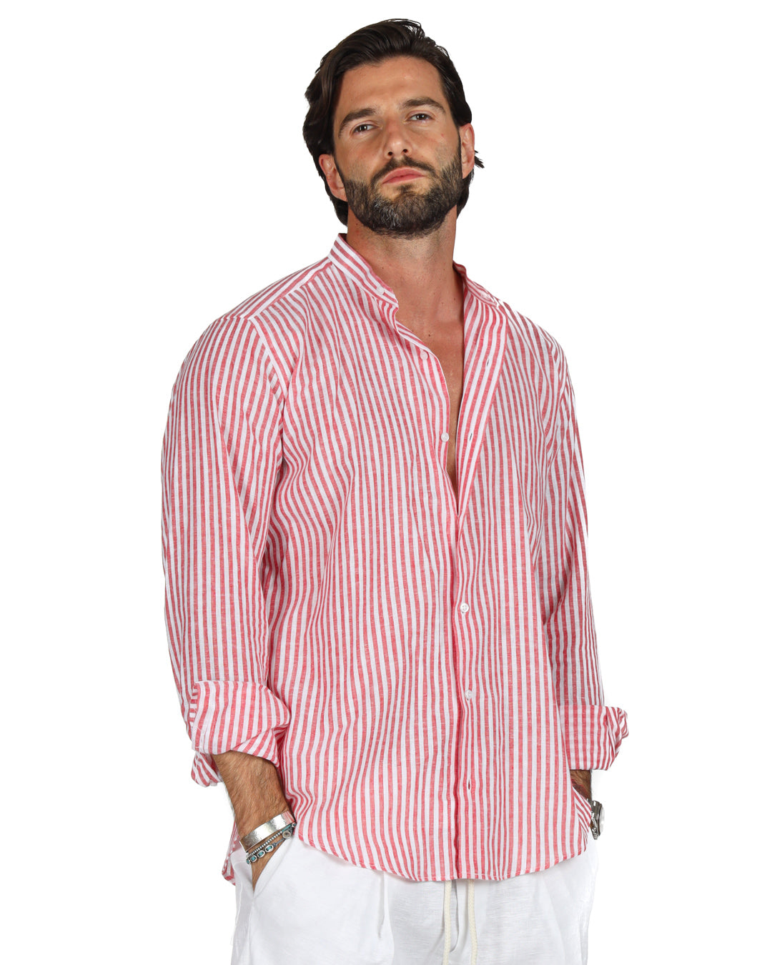 Ischia - Red narrow striped Korean linen shirt