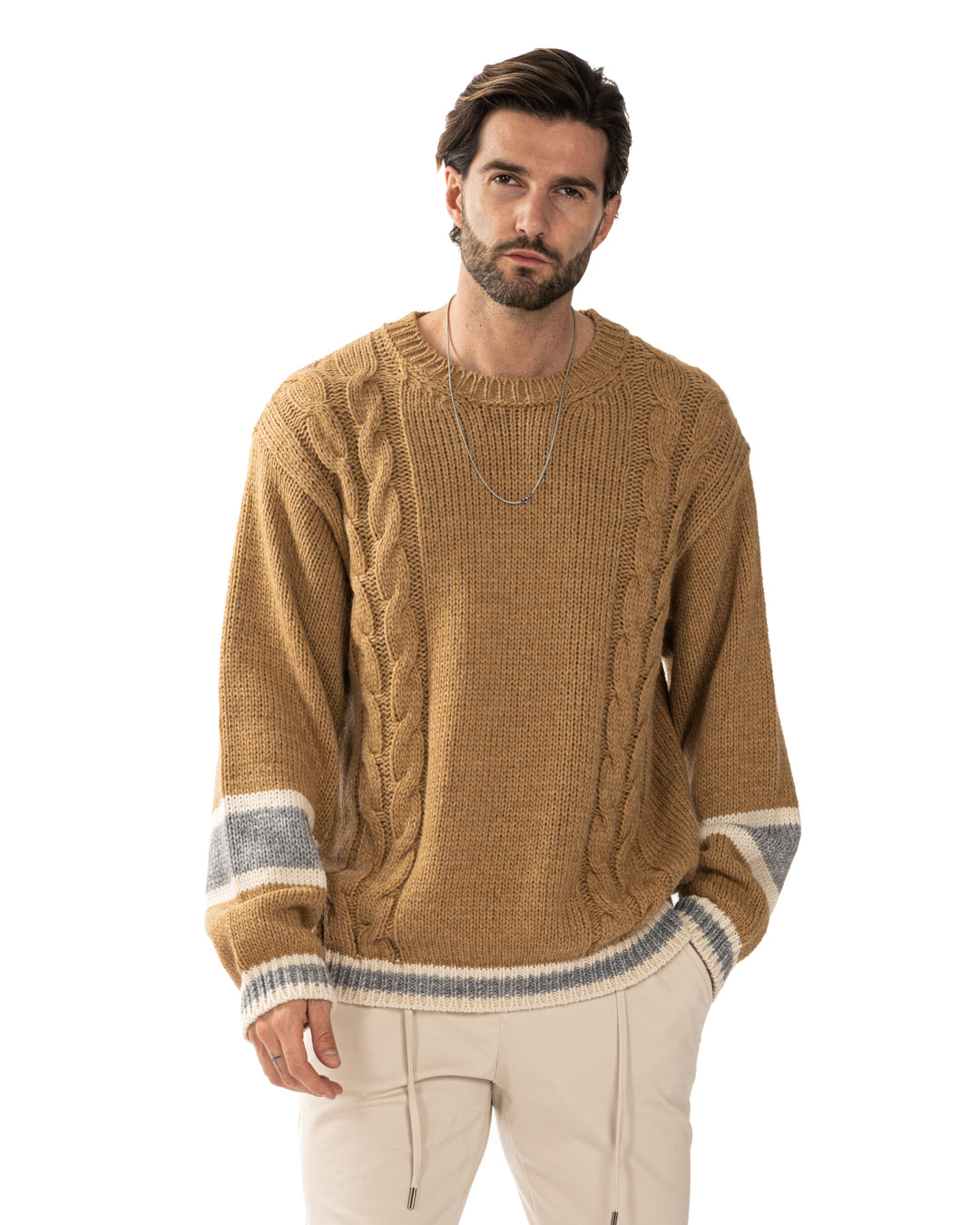 Edam - maglione cammello con trecce laterali