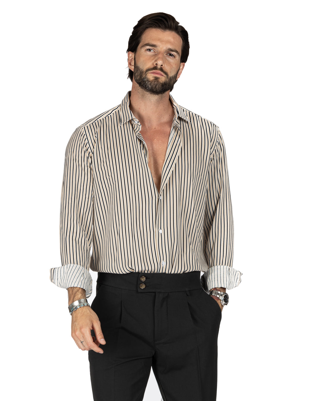 Barbuda - Classic beige striped patterned shirt