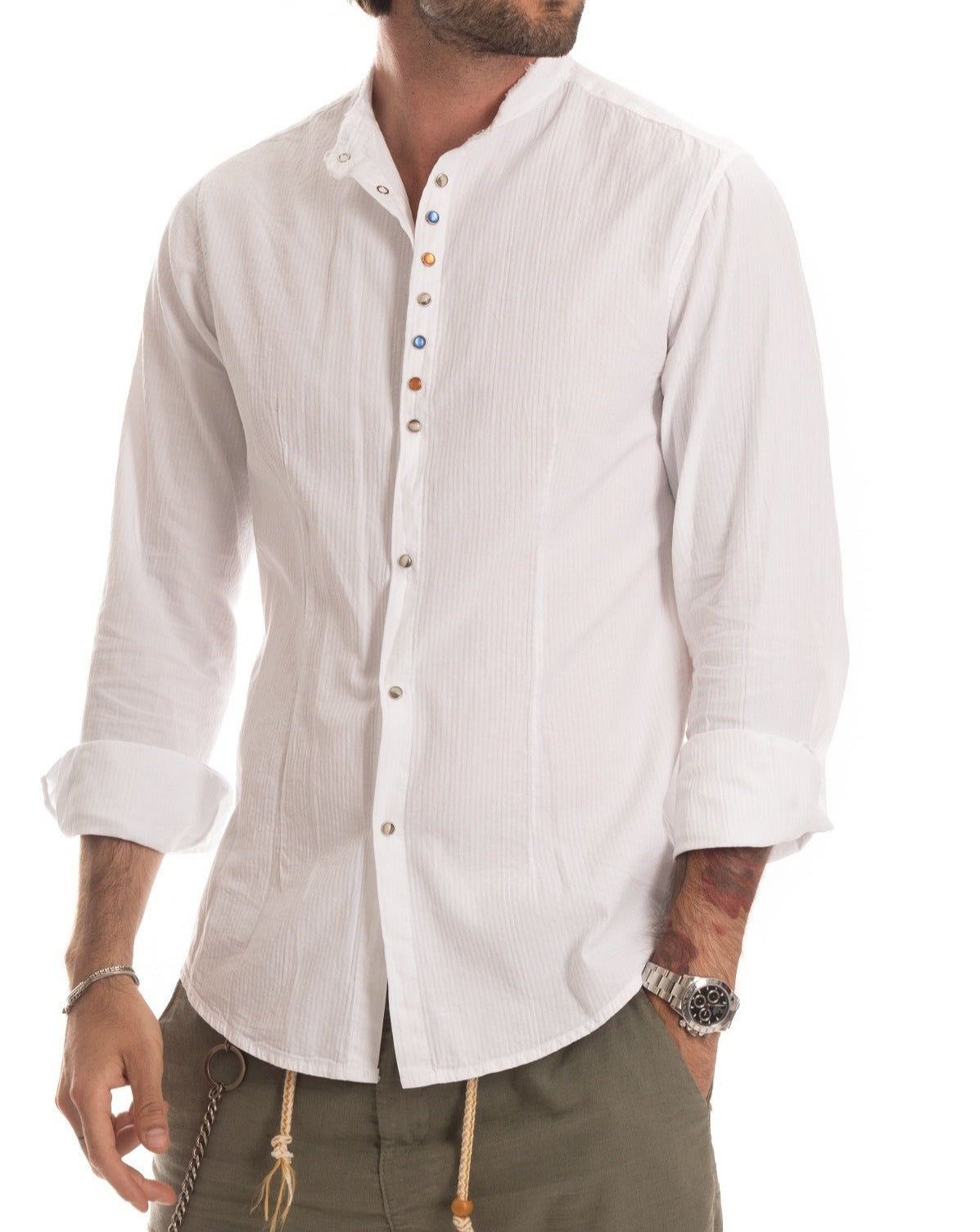 Elba - Camicia coreana bianca con bottoni gioiello